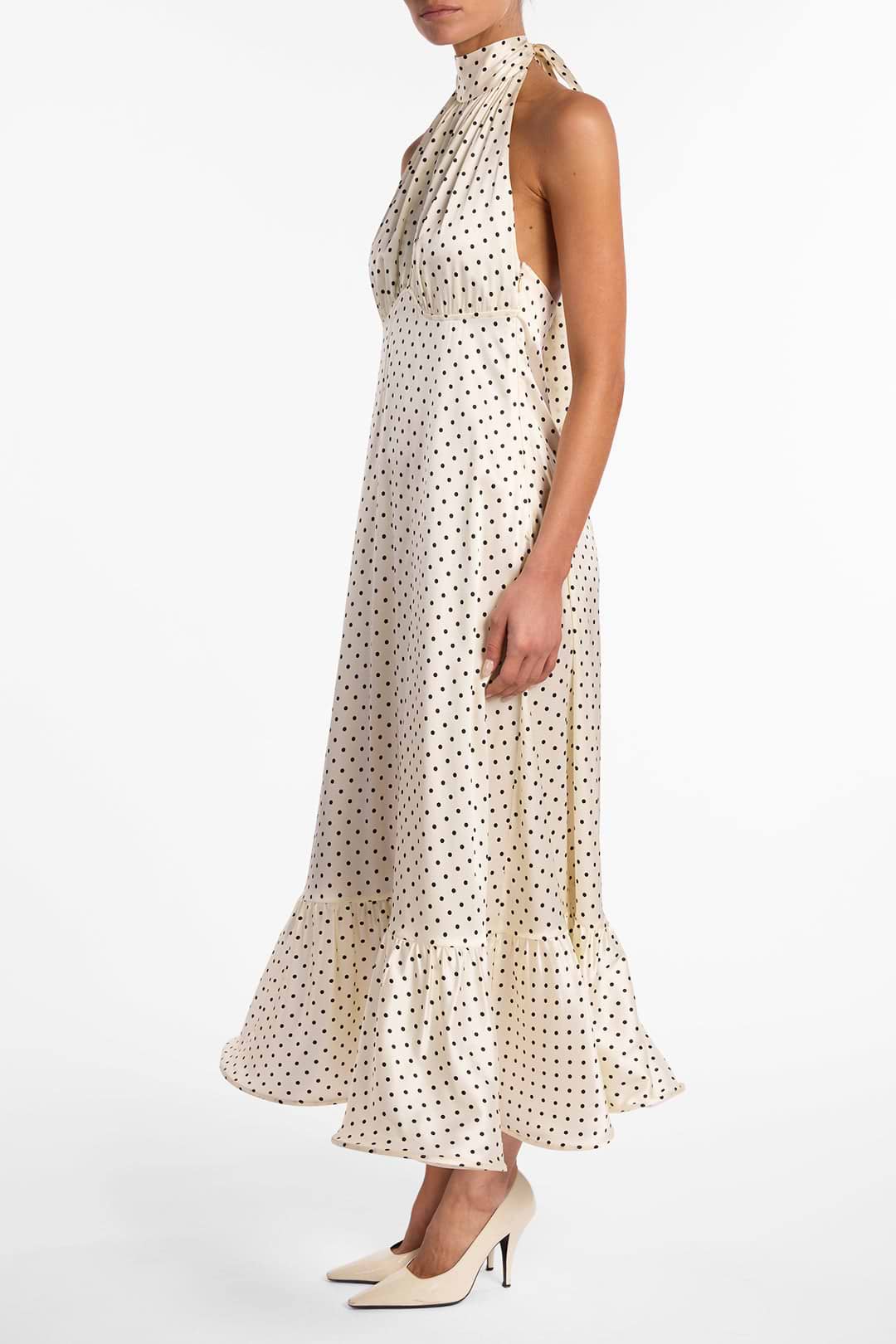 Halter Flounce Midi Dress (Cream Polka Dot)