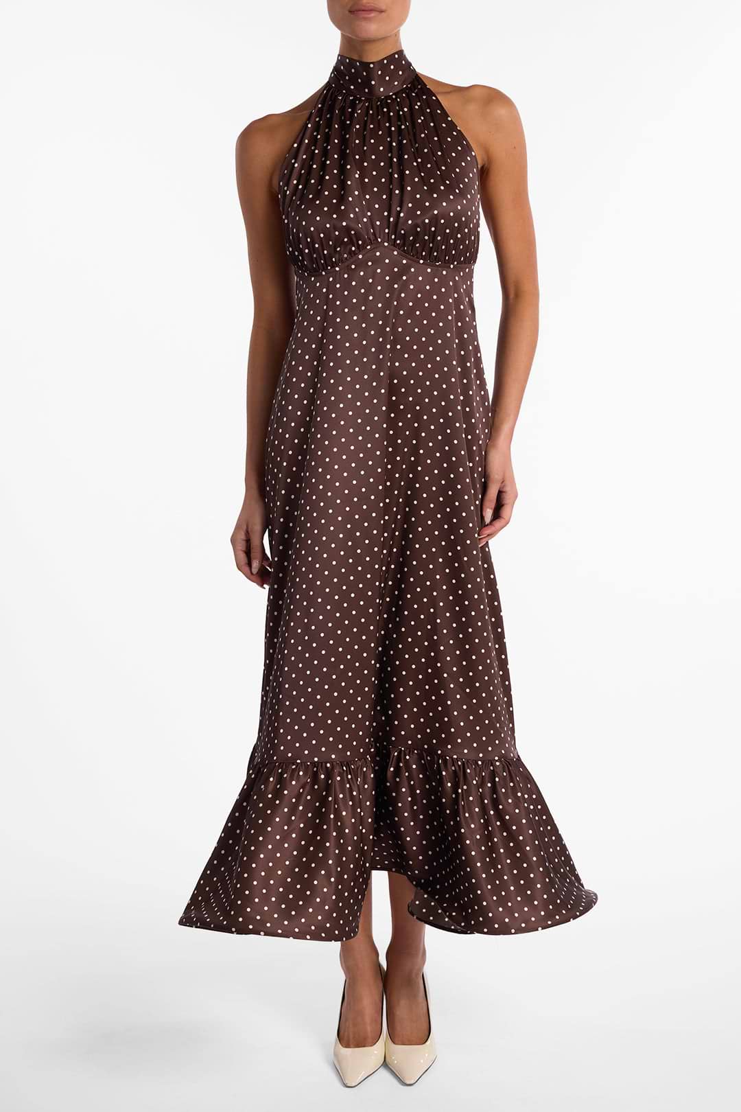 Halter Flounce Midi Dress (Brown Polka Dot)