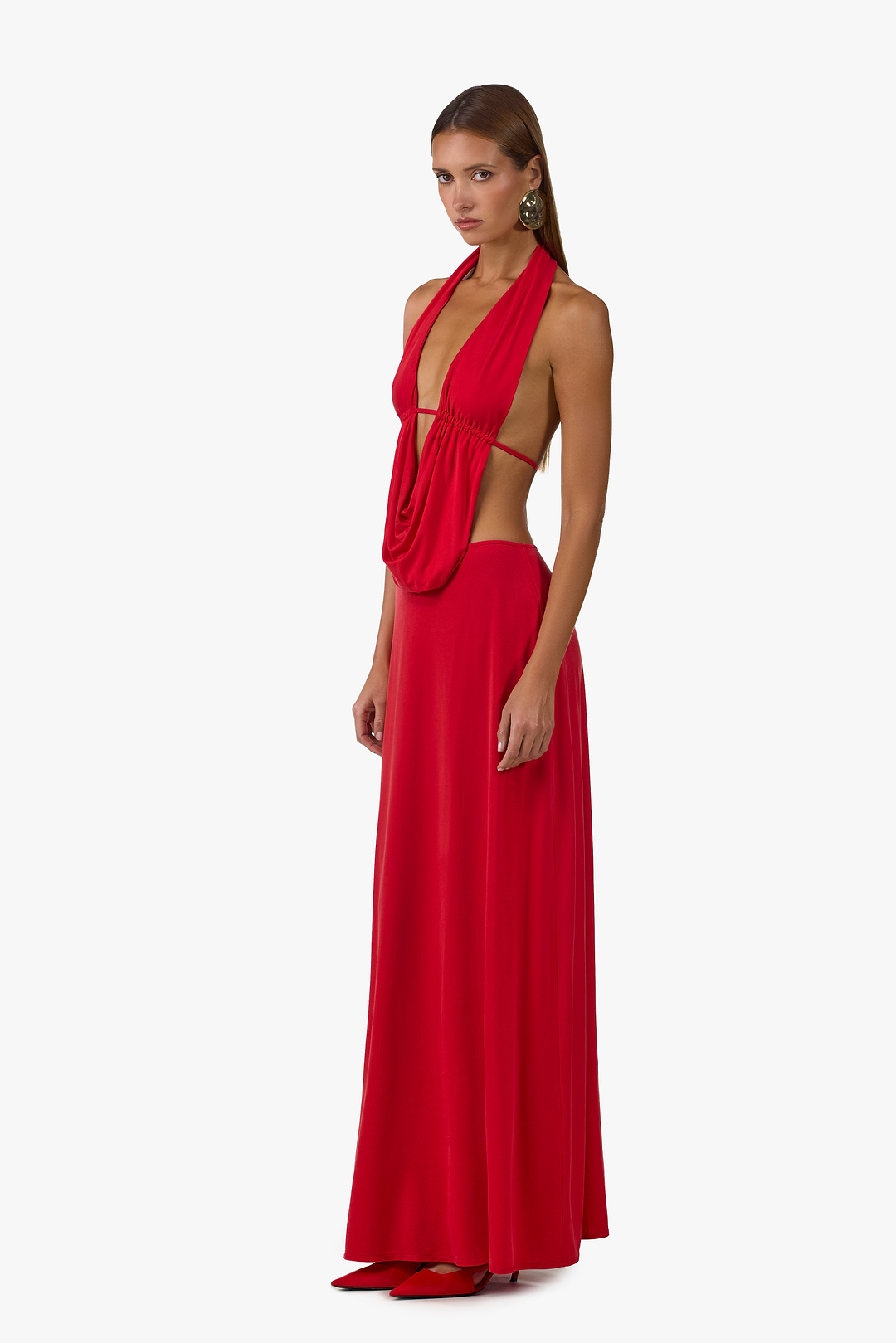 Plunge Neck Maxi Dress (Red)