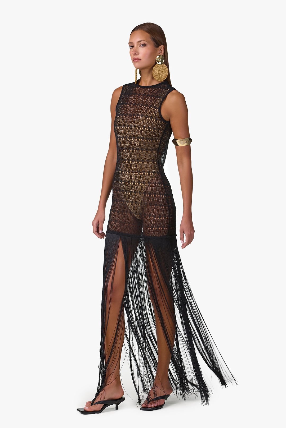 Fringe Knit Maxi Dress (Black)
