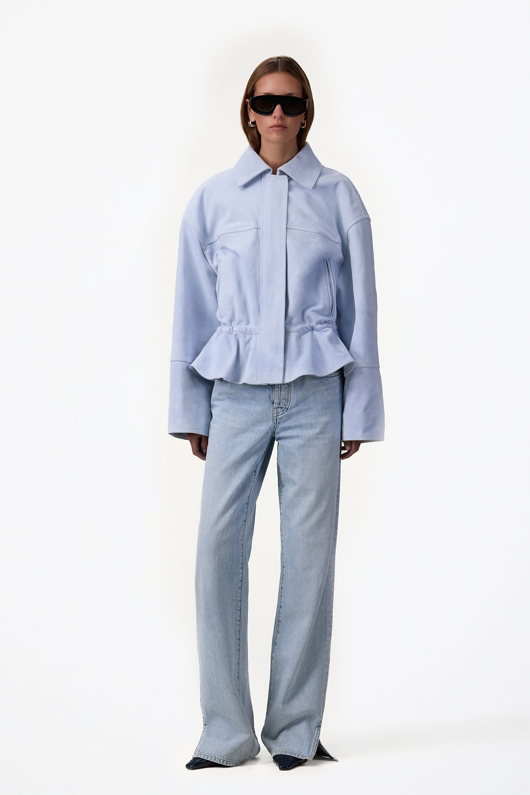 Suede Peplum Bomber Jacket (Light Blue)