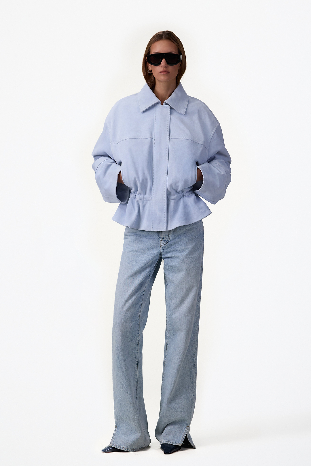 Suede Peplum Bomber Jacket (Light Blue)