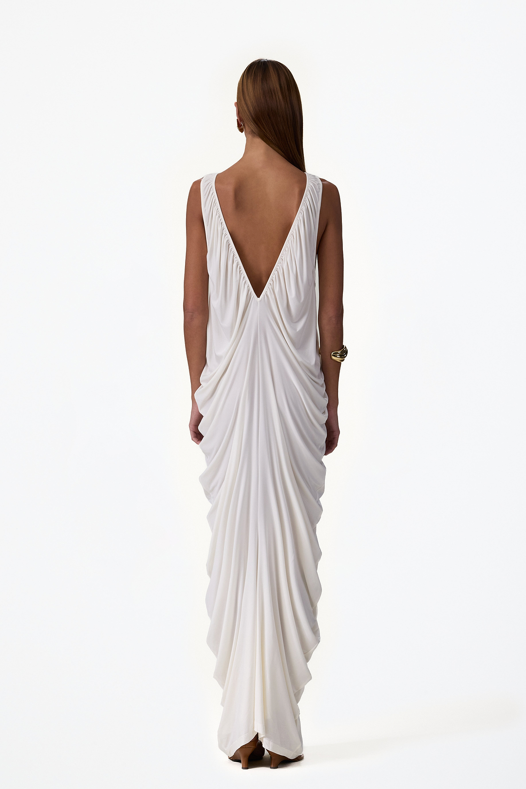 Draped V Neck Gown (Cream)