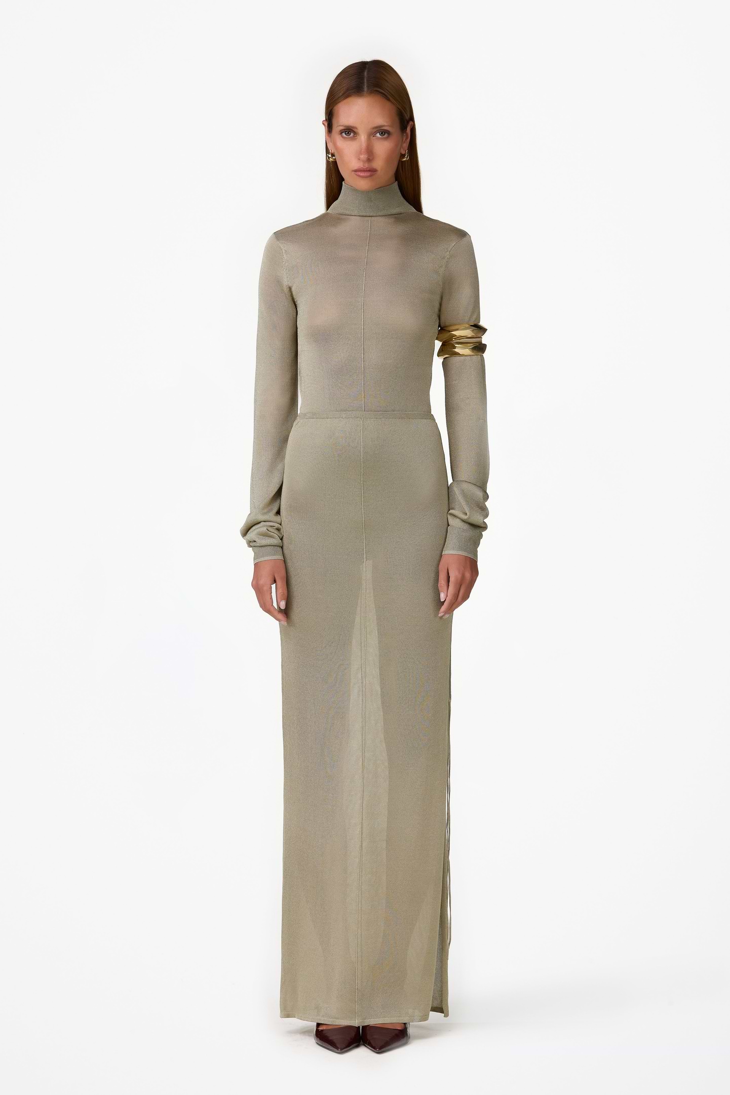 Ruched Knit Maxi Skirt (Sage Shimmer)