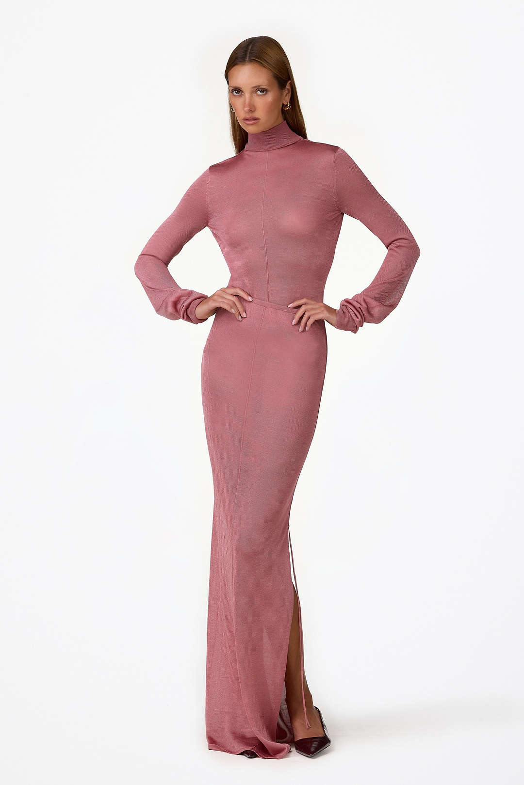 Ruched Knit Maxi Skirt (Dusty Mauve Shimmer)
