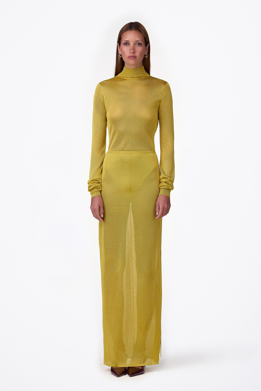 Ruched Knit Maxi Skirt (Chartreuse Shimmer)