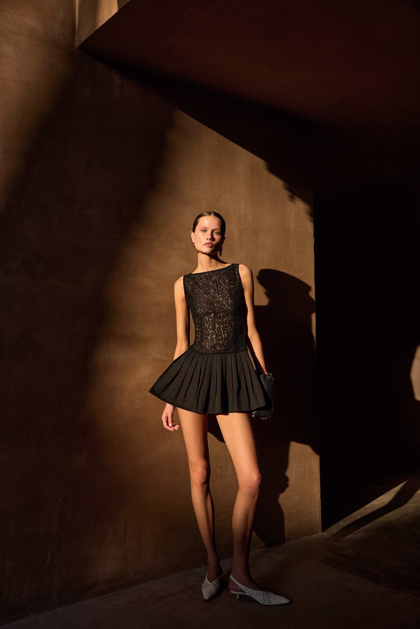 Lace Poplin Mini Dress (Black)