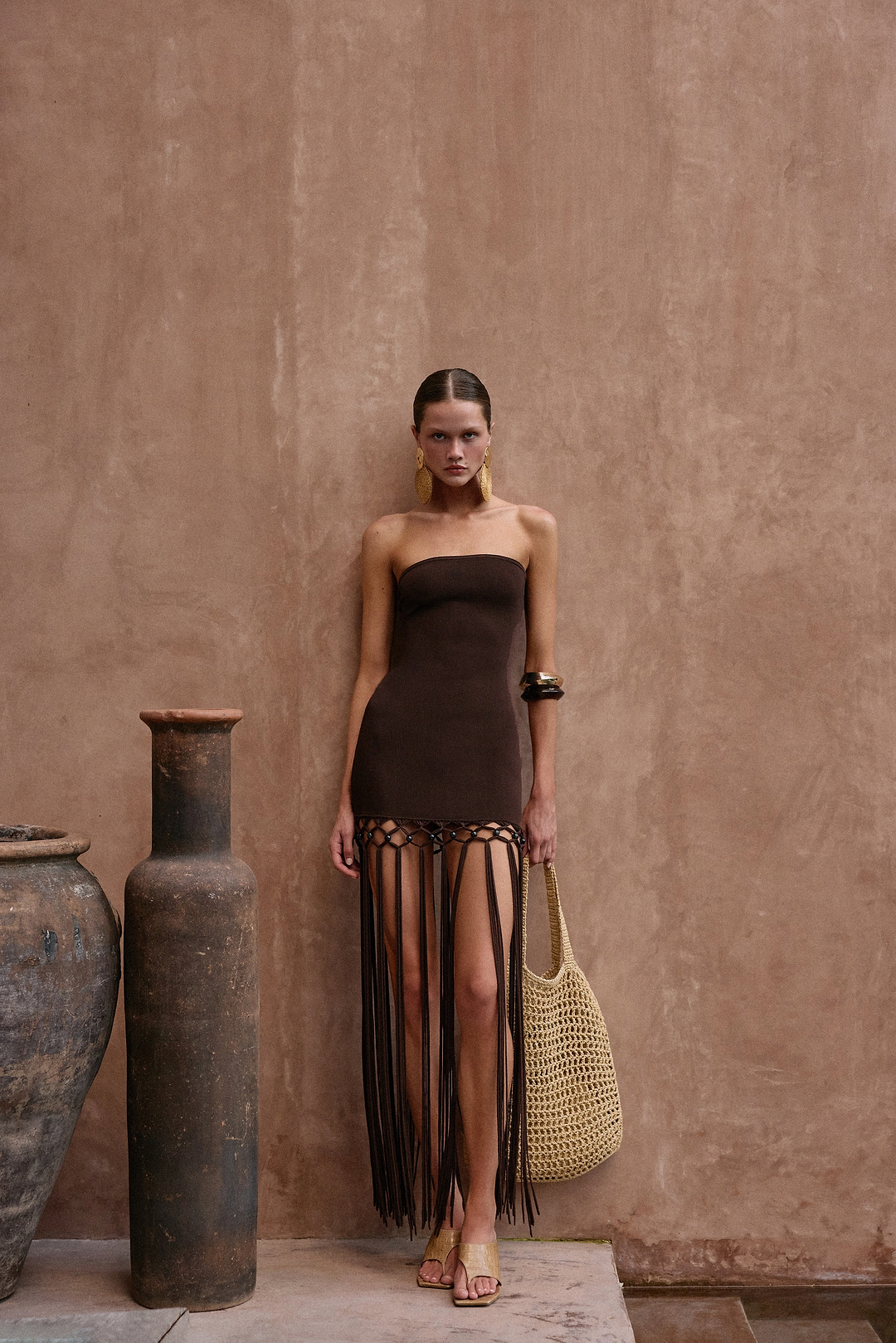 Strapless Beaded Fringe Dress (Chocolate Brown)