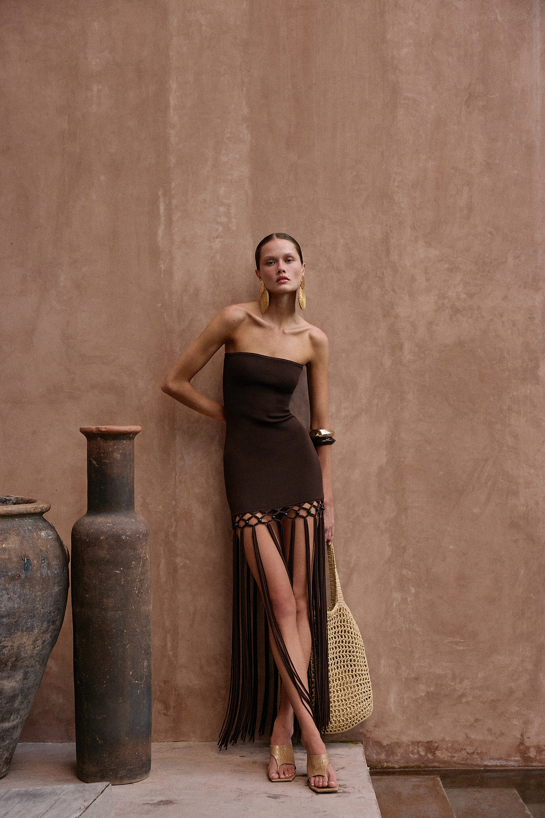 Strapless Beaded Fringe Dress (Chocolate Brown)