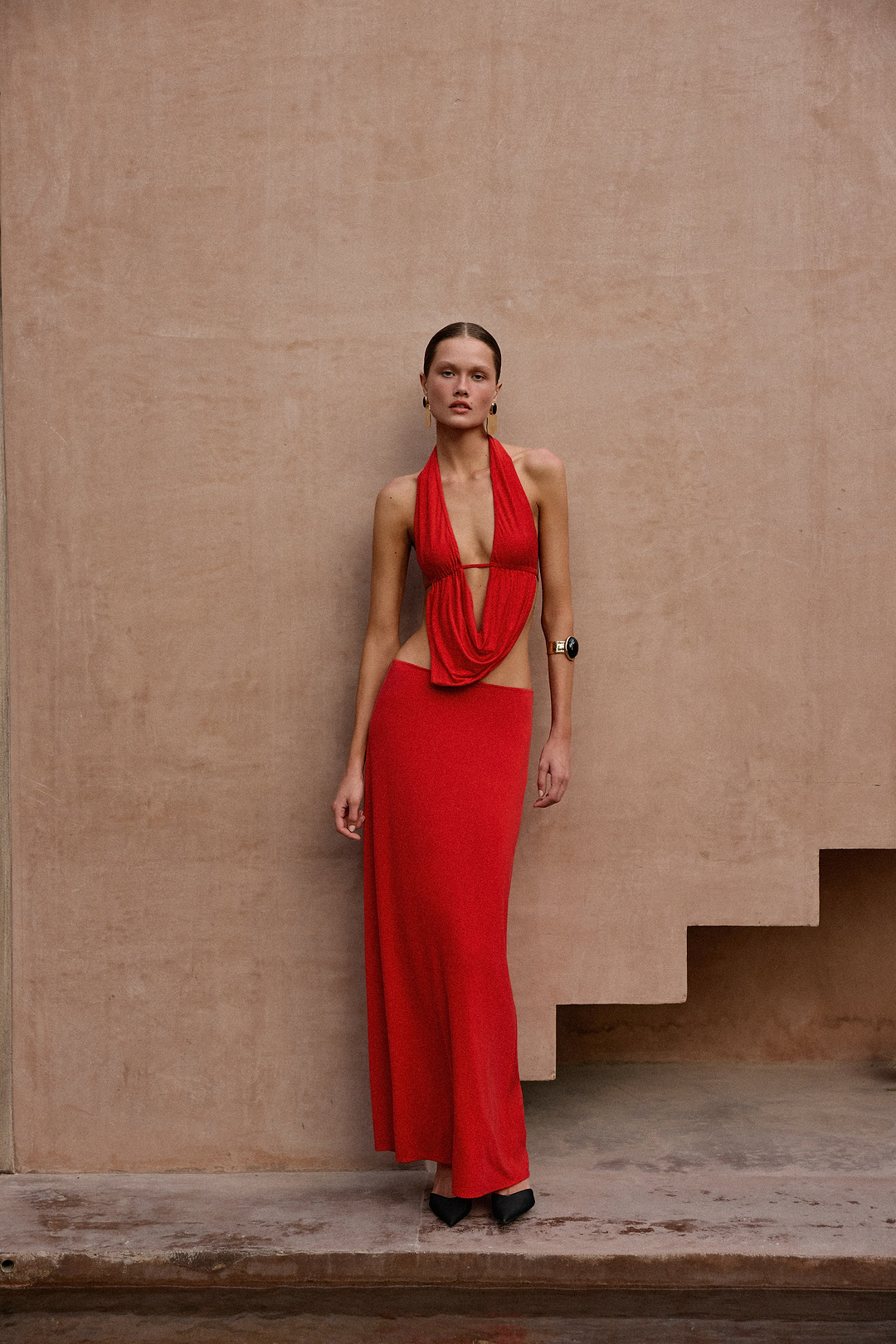 Plunge Neck Maxi Dress (Red)