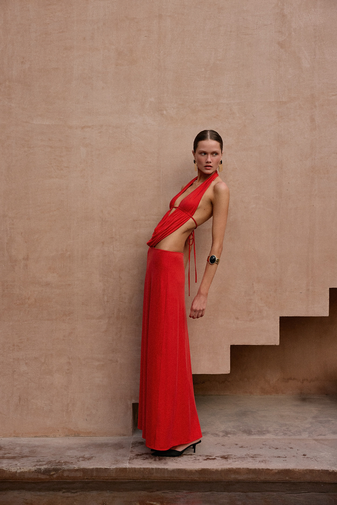 Plunge Neck Maxi Dress (Red)