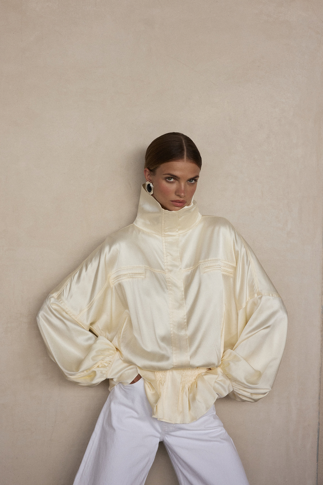 Silk Peplum Bomber Jacket (Cream)
