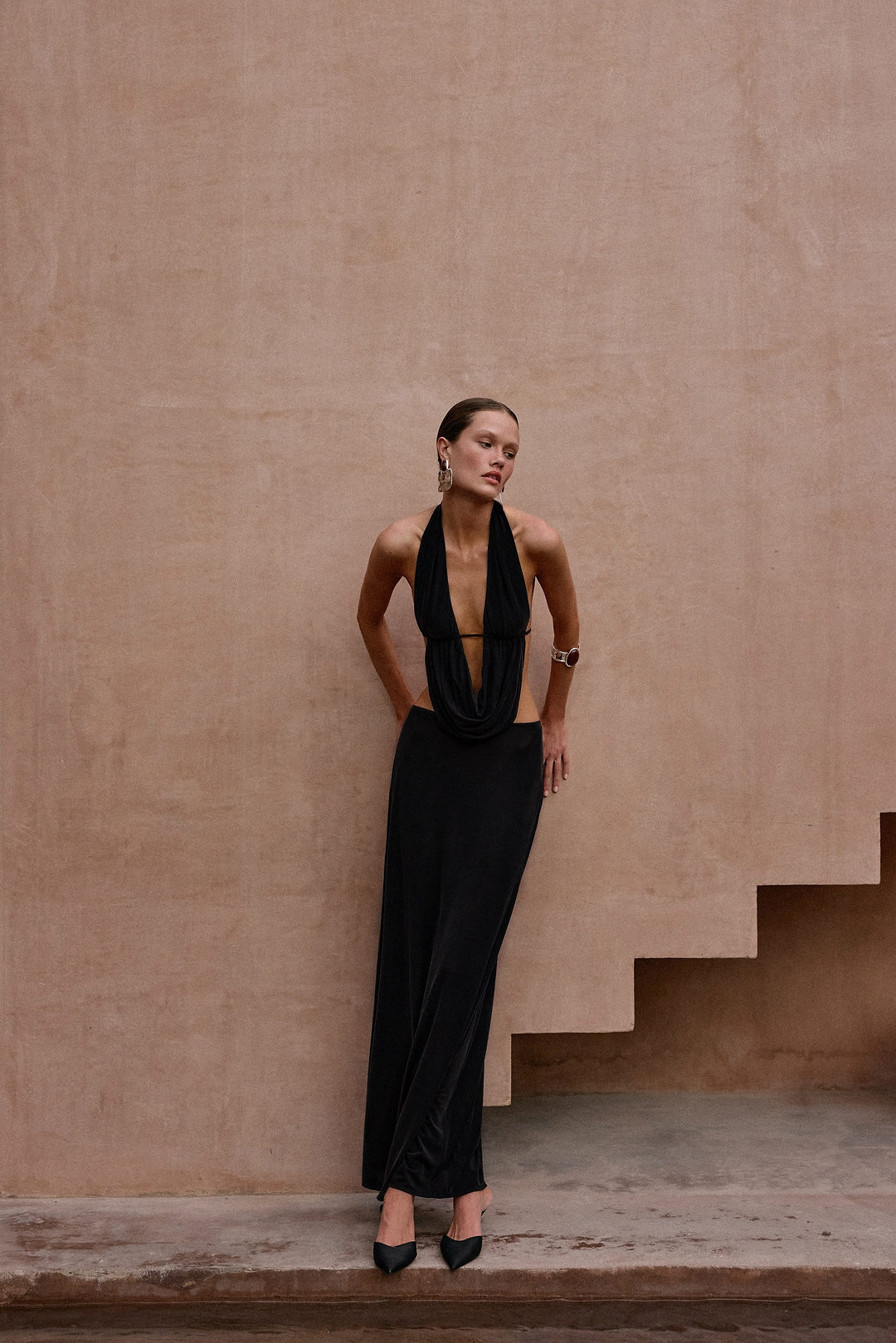 Plunge Neck Maxi Dress (Black)