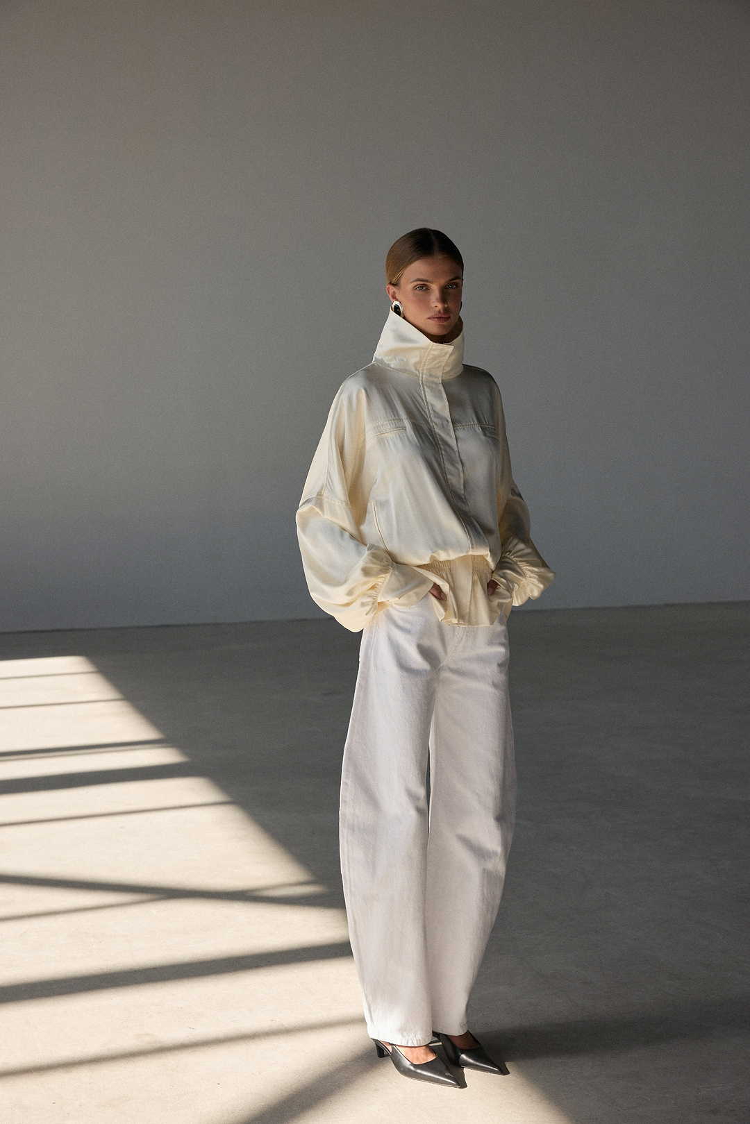 Silk Peplum Bomber Jacket (Cream)