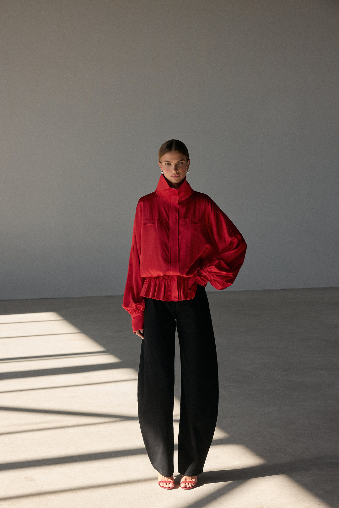 Silk Peplum Bomber Jacket (Red)