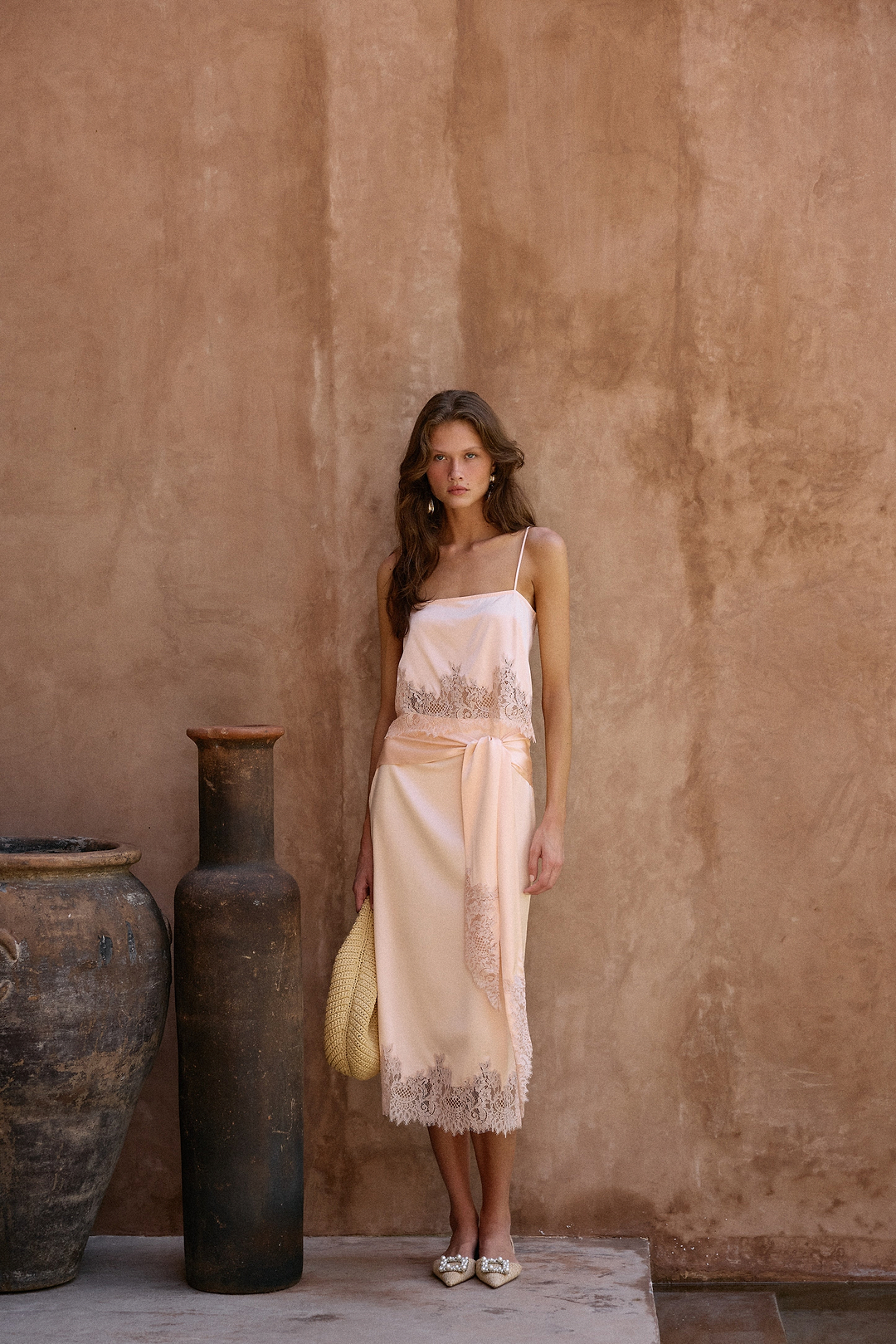 Lace Silk Midi Skirt (Rose Clay)