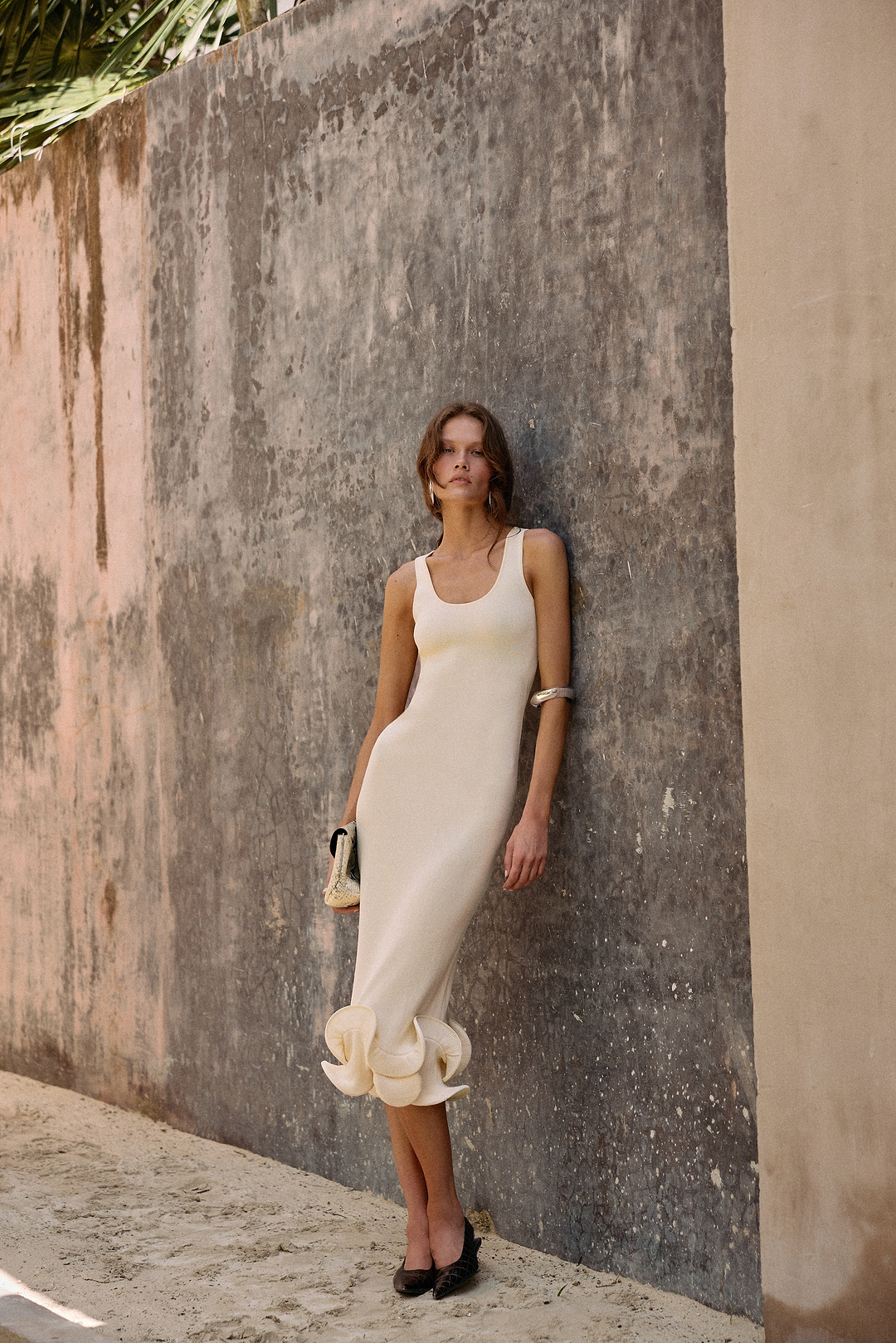 Double Ruffle Hem Midi Dress (Cream)