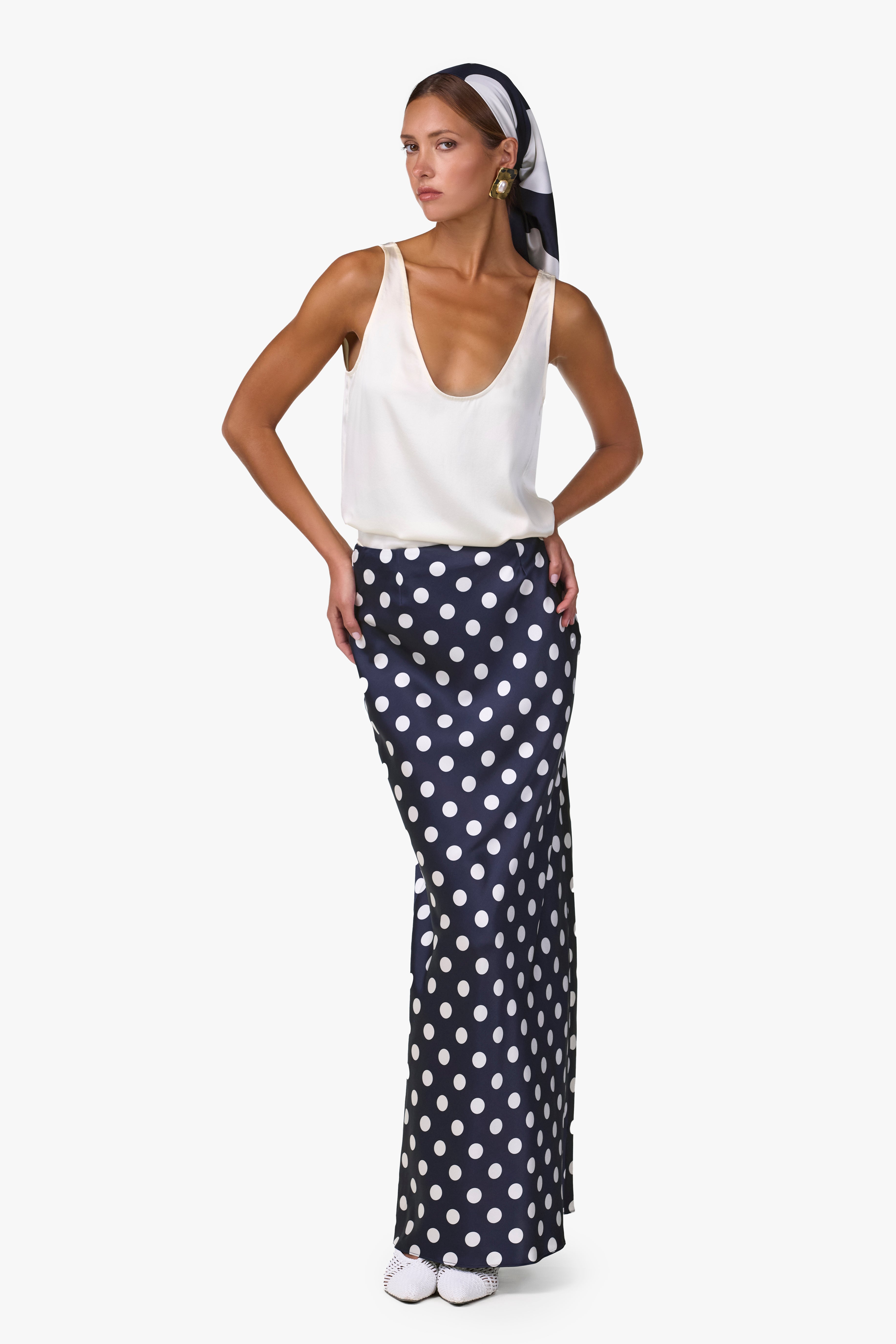 SAME Silk Maxi Skirt | Navy Polka Dot | Women's Skirt