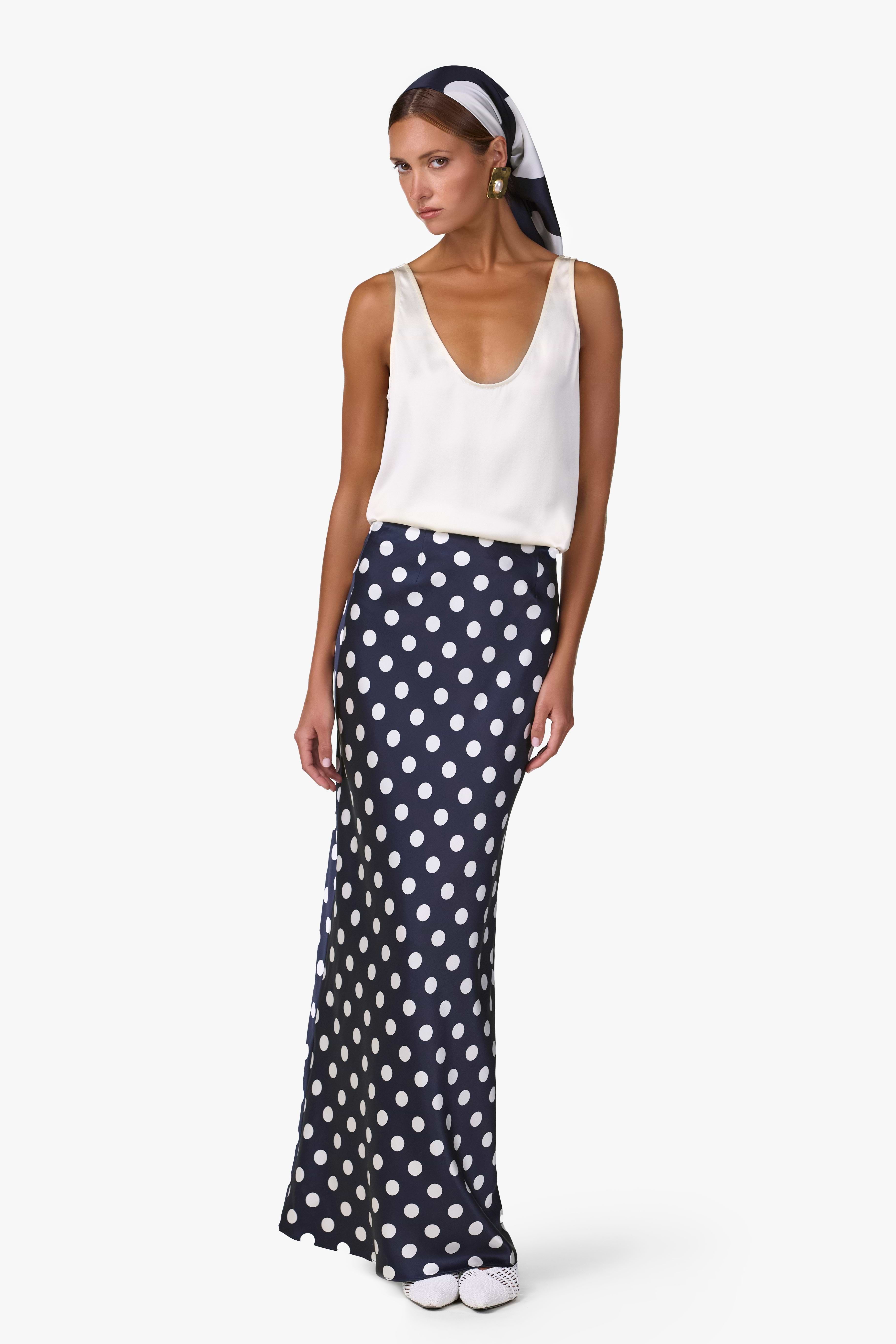 Silk Maxi Skirt (Navy Polka Dot)
