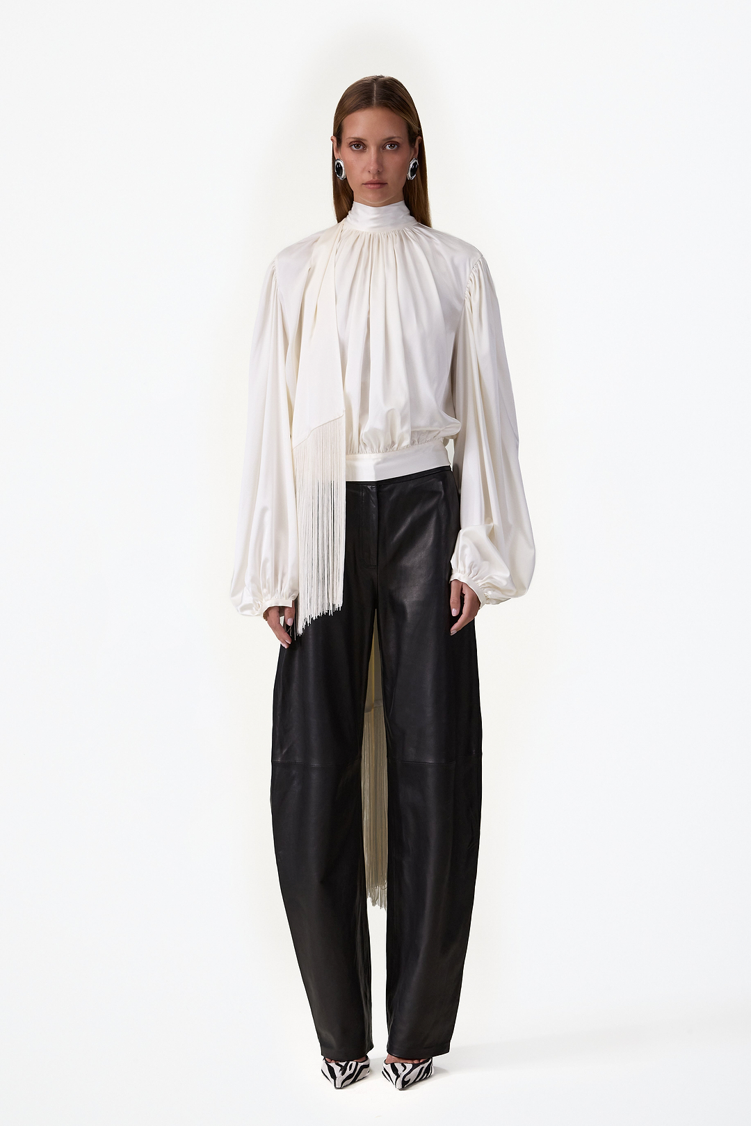 Draped Fringe Silk Blouse (Cream)