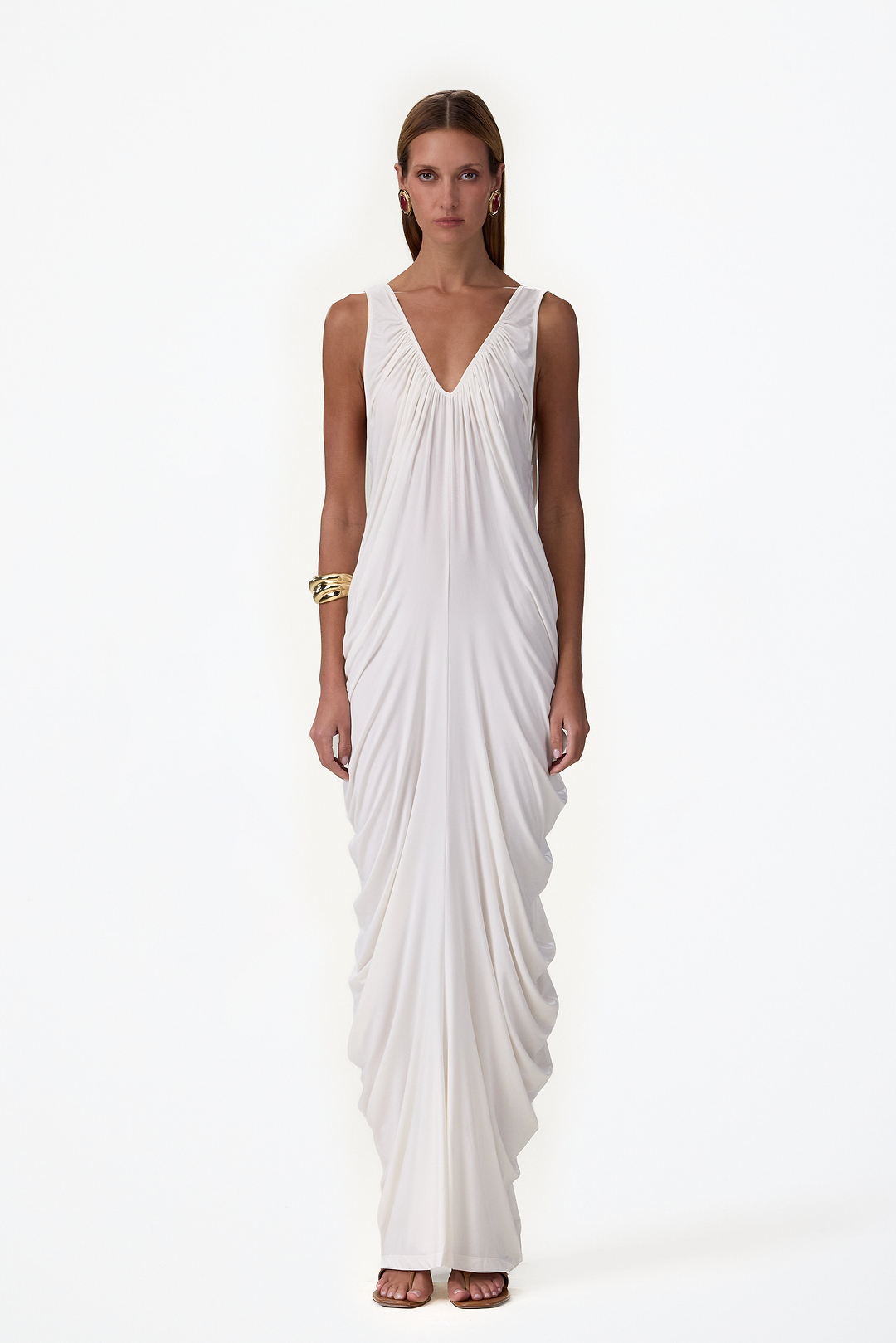 Draped V Neck Gown (Cream)