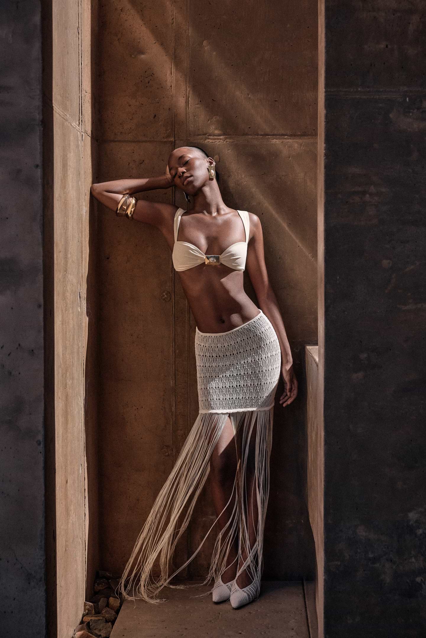Fringe Knit Maxi Skirt (Cream)