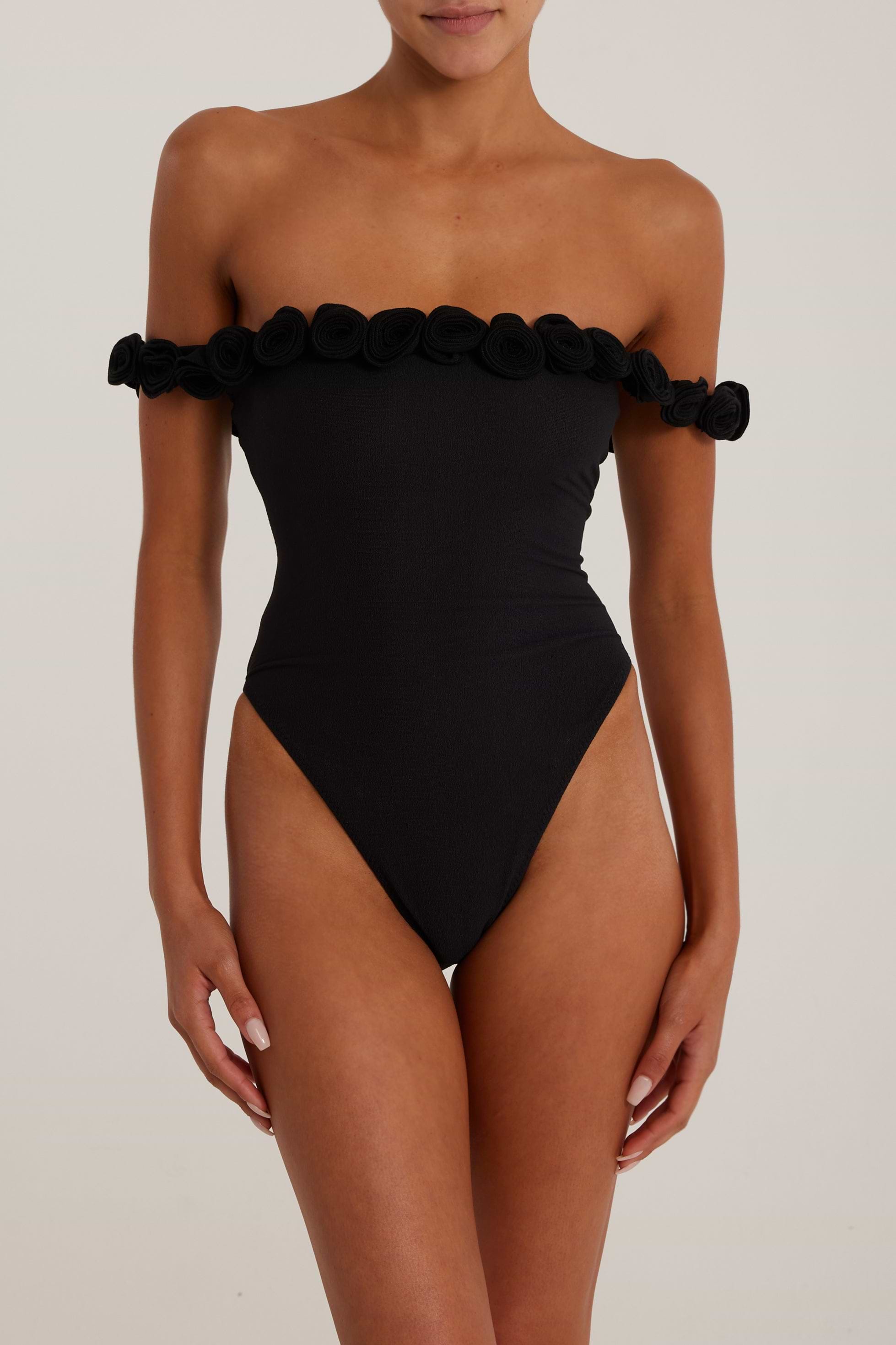 iNtimite 新品 完売品 Tuck Shoulder One-piece SAME Rose Off Shoulder One Piece | Faux Suede Black/Black