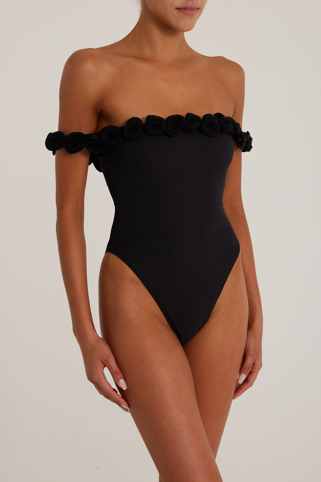Rosette Off Shoulder One Piece (Faux Suede Black/Black)