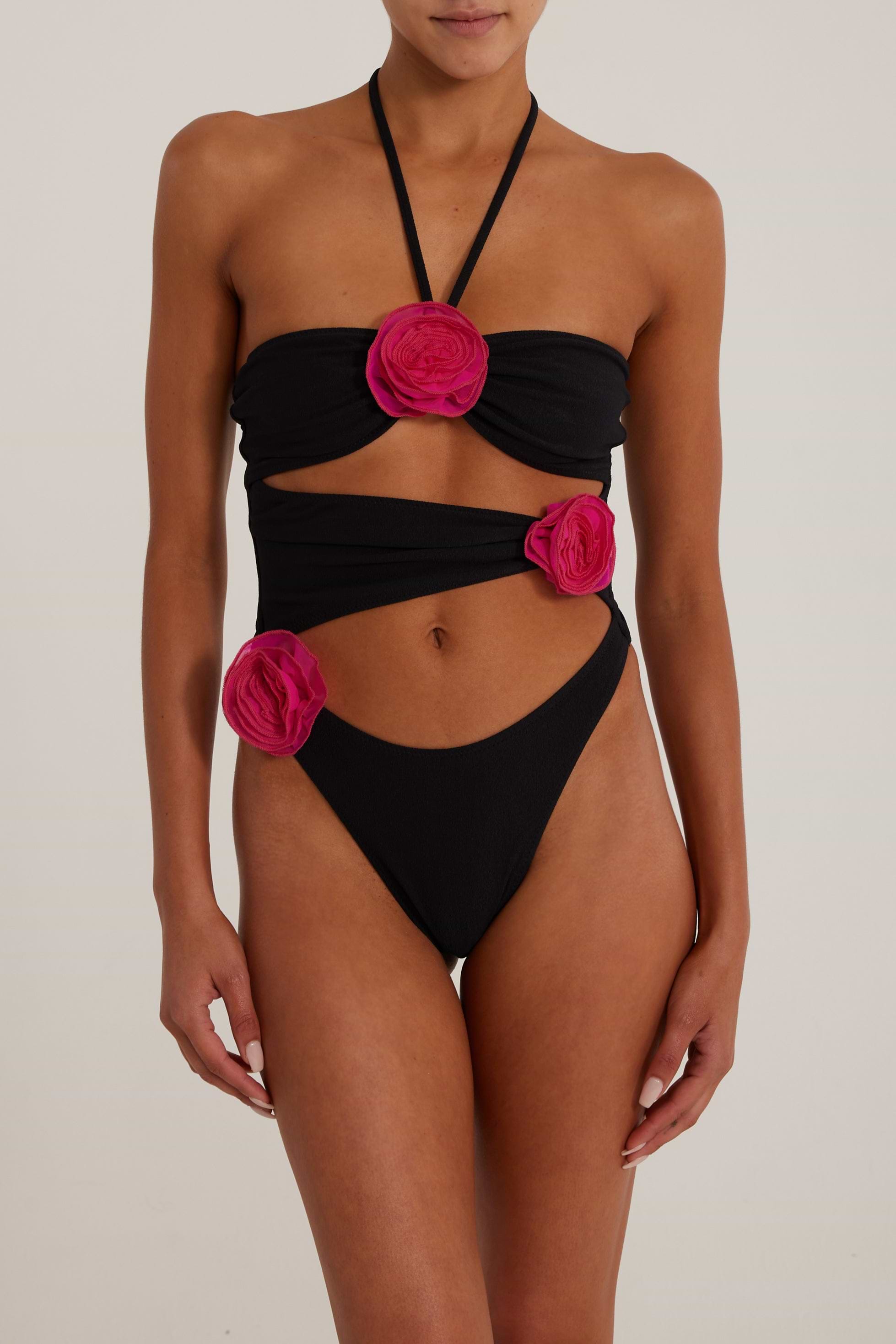 SAME Rose Cut Out One Piece | Faux Suede Black/Fuchsia