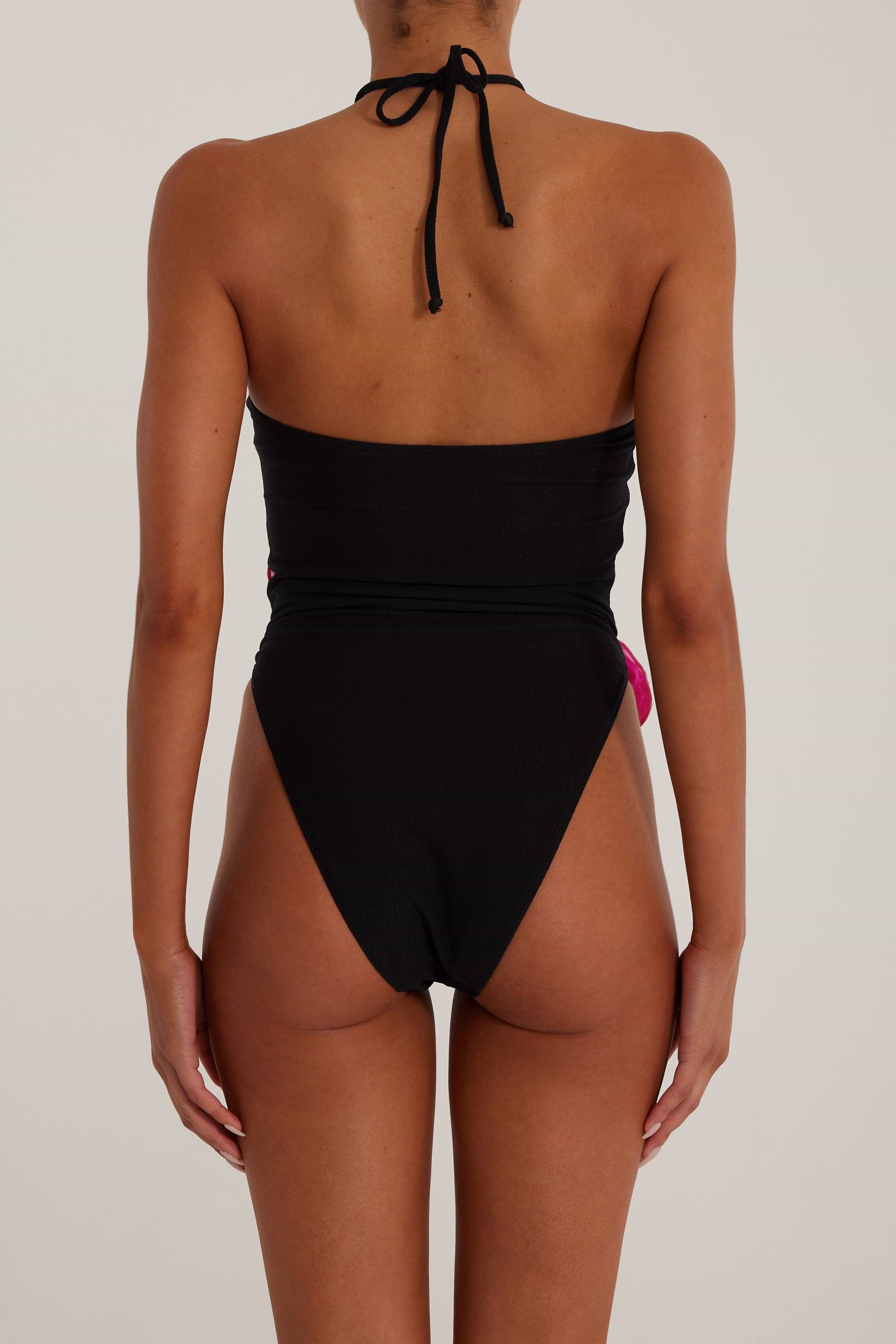 SAME Rose Cut Out One Piece | Faux Suede Black/Fuchsia