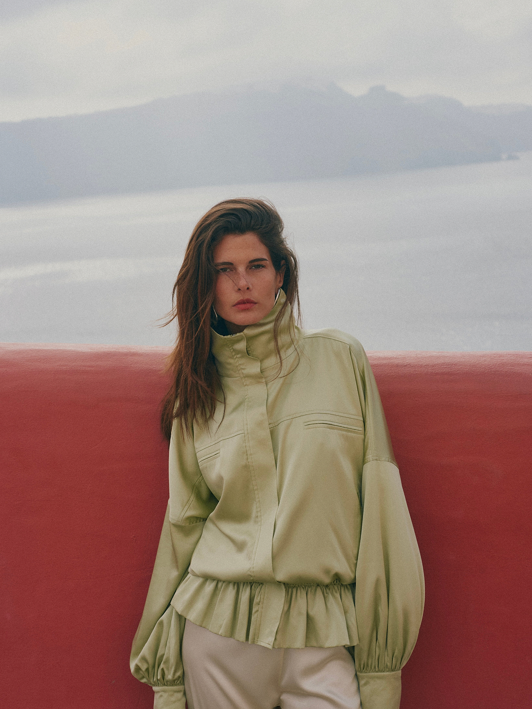 Silk Peplum Bomber Jacket (Sage)