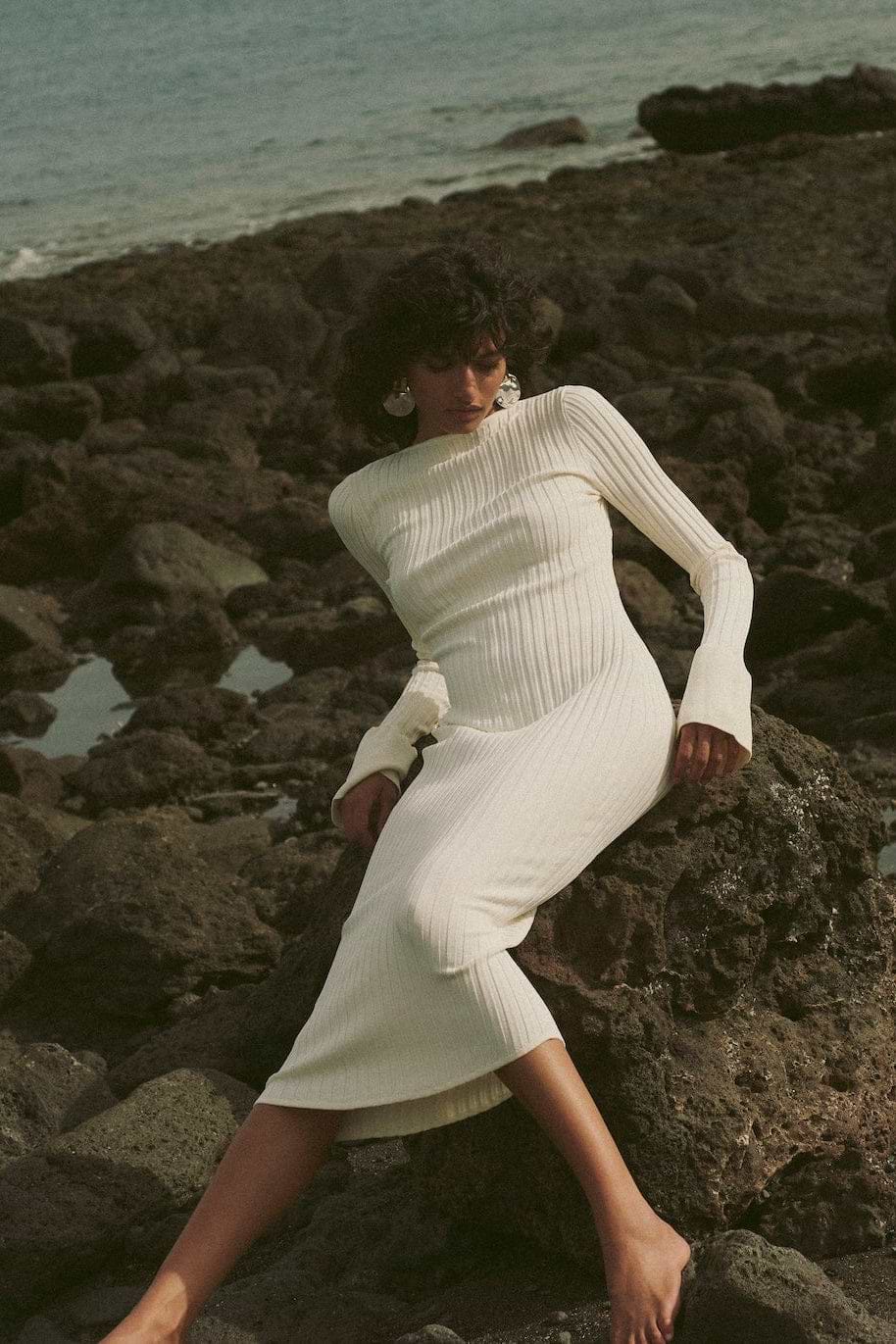 Cuffed Ribbed Knit Dress (Cream)