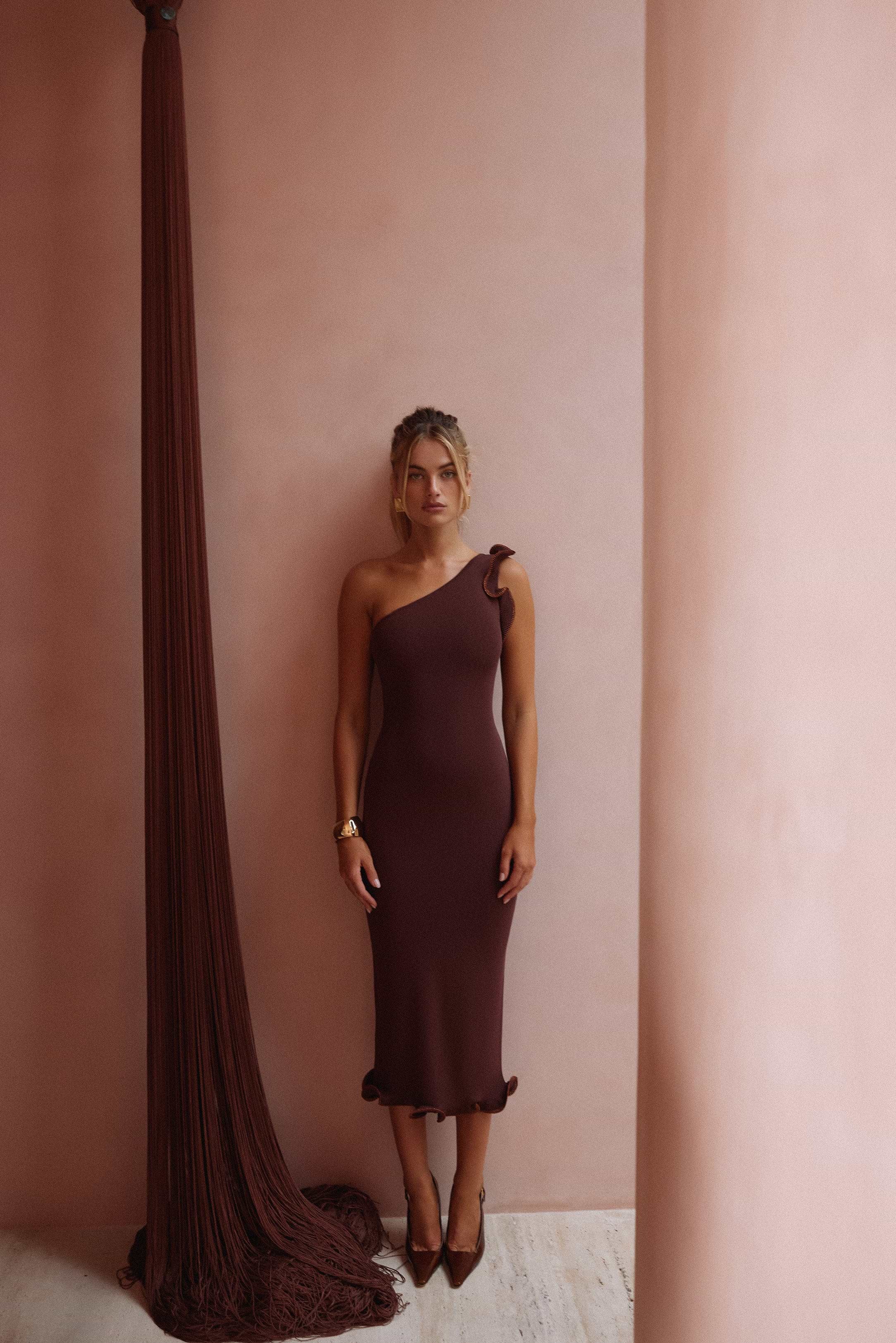 SAME Ruffle Hem One Shoulder Dress | Chocolate Brown/Brown Lurex