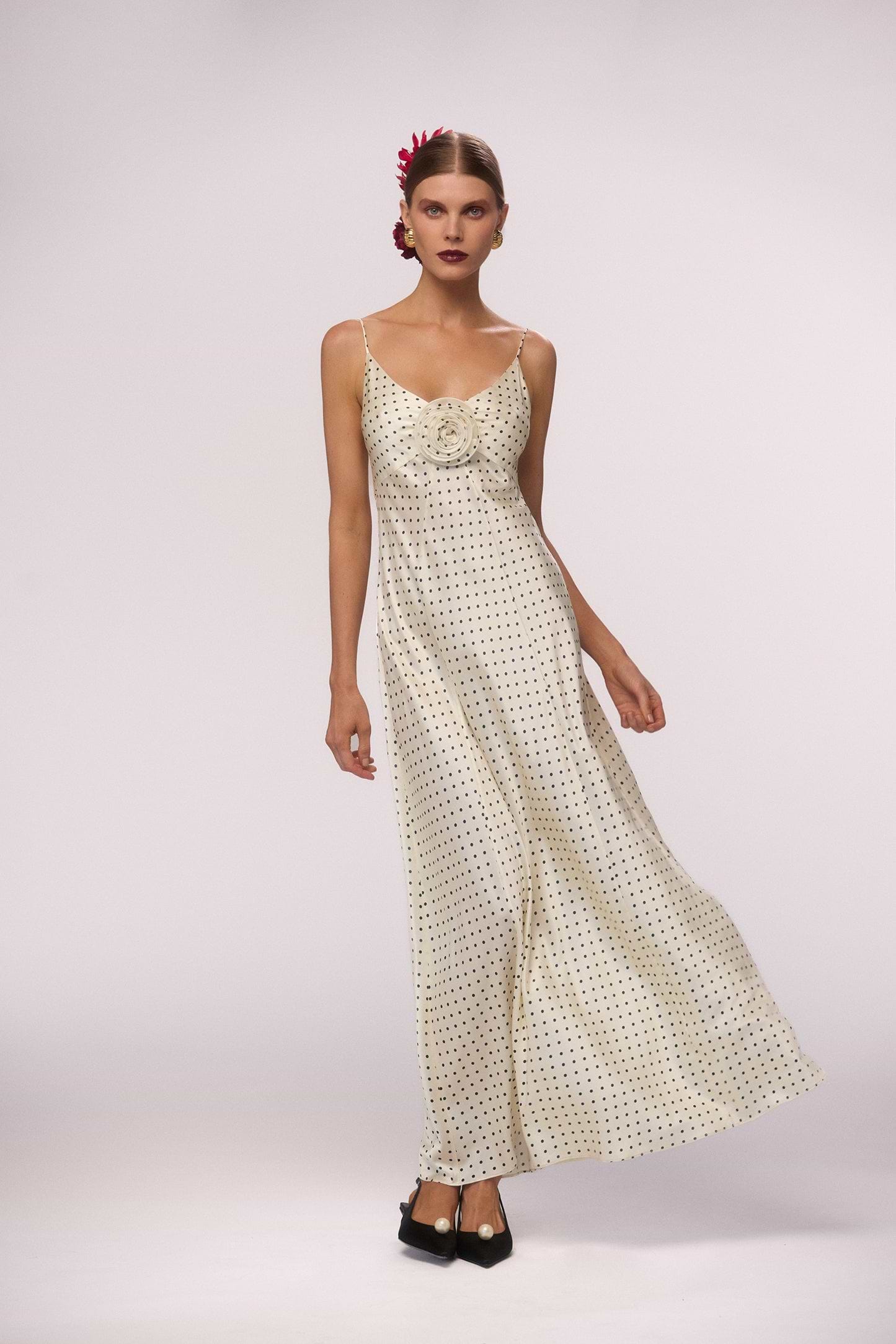 SAME Deep v Rosette Gown | Cream Polka Dot | Women's Dress