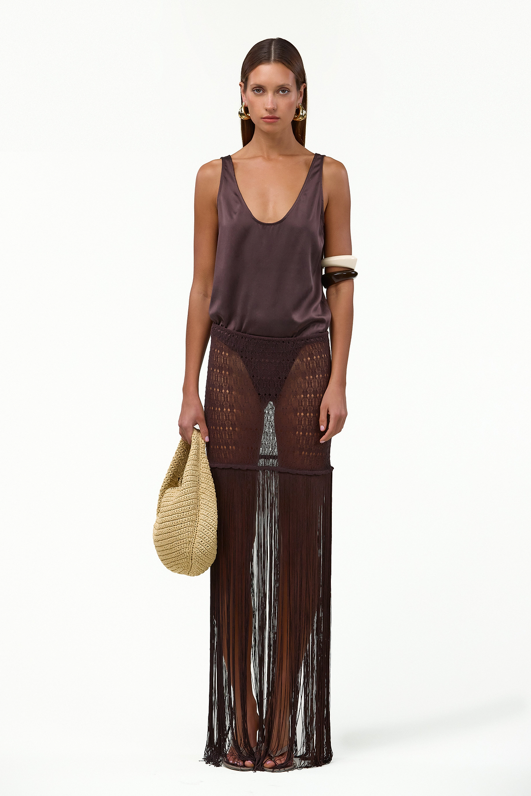 Fringe Knit Maxi Skirt (Chocolate Brown)