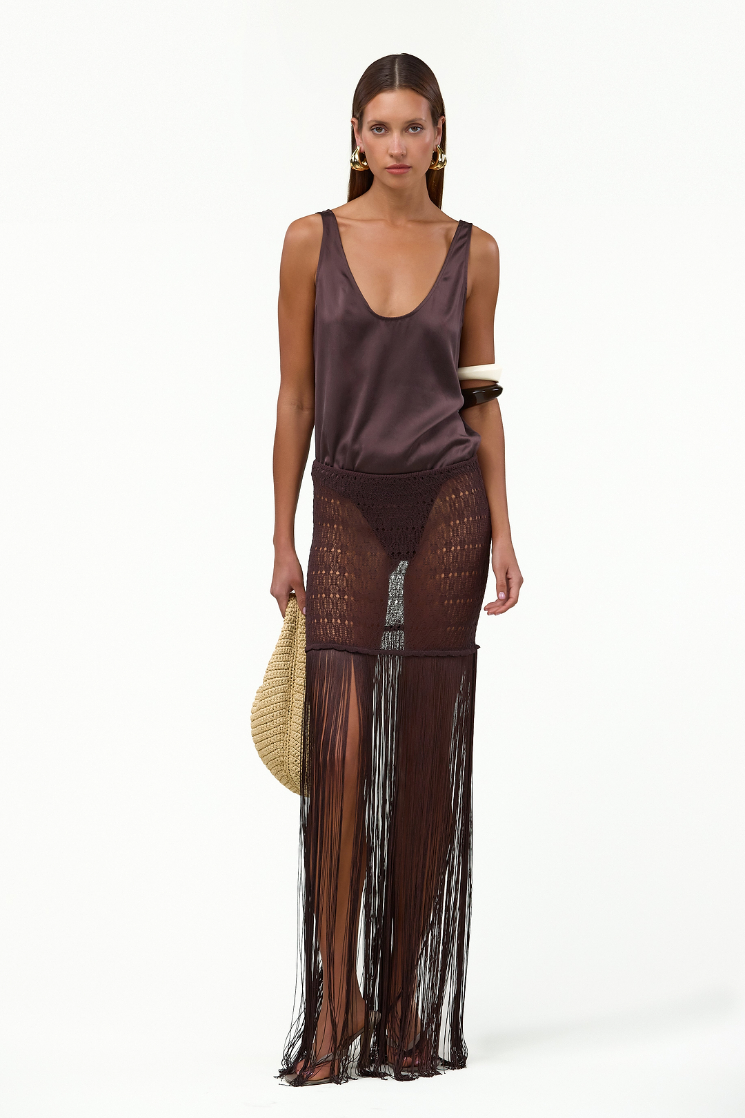 Fringe Knit Maxi Skirt (Chocolate Brown)