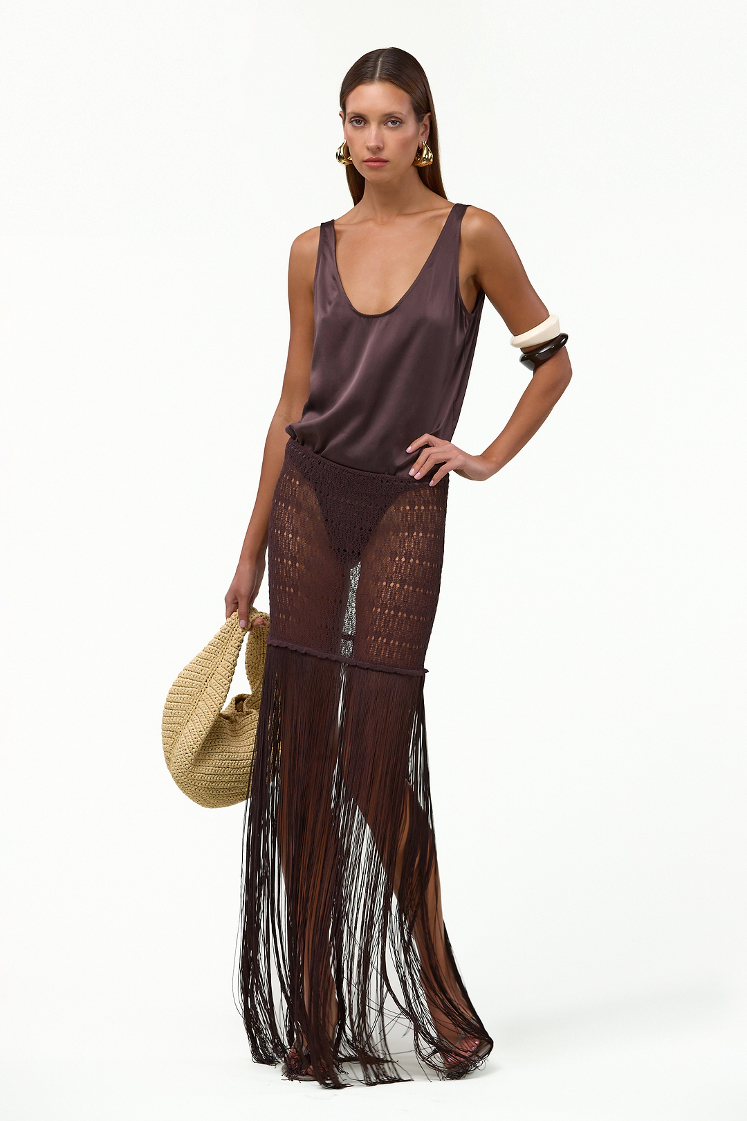 Fringe Knit Maxi Skirt (Chocolate Brown)