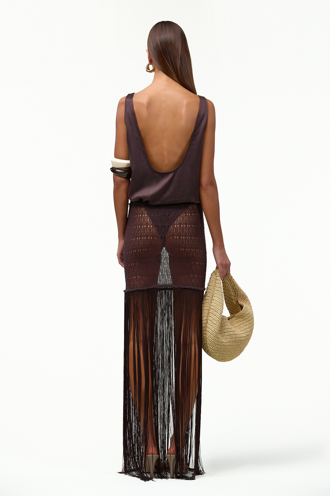 Fringe Knit Maxi Skirt (Chocolate Brown)