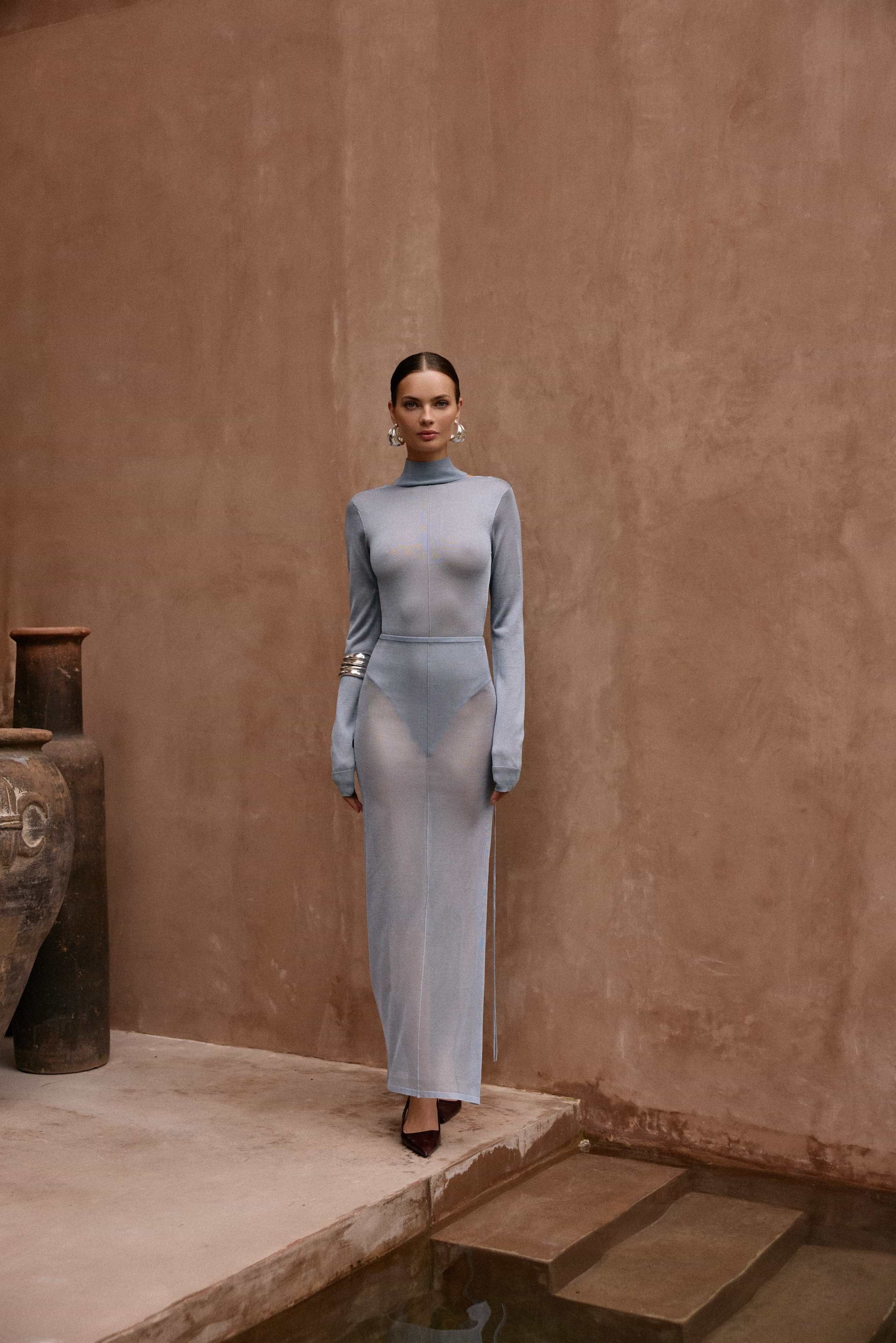 トップス BACK OPEN KNIT BODYSUITS SAME | Open Back Knit Bodysuit | Light Blue | Women's Long Sleeve Top