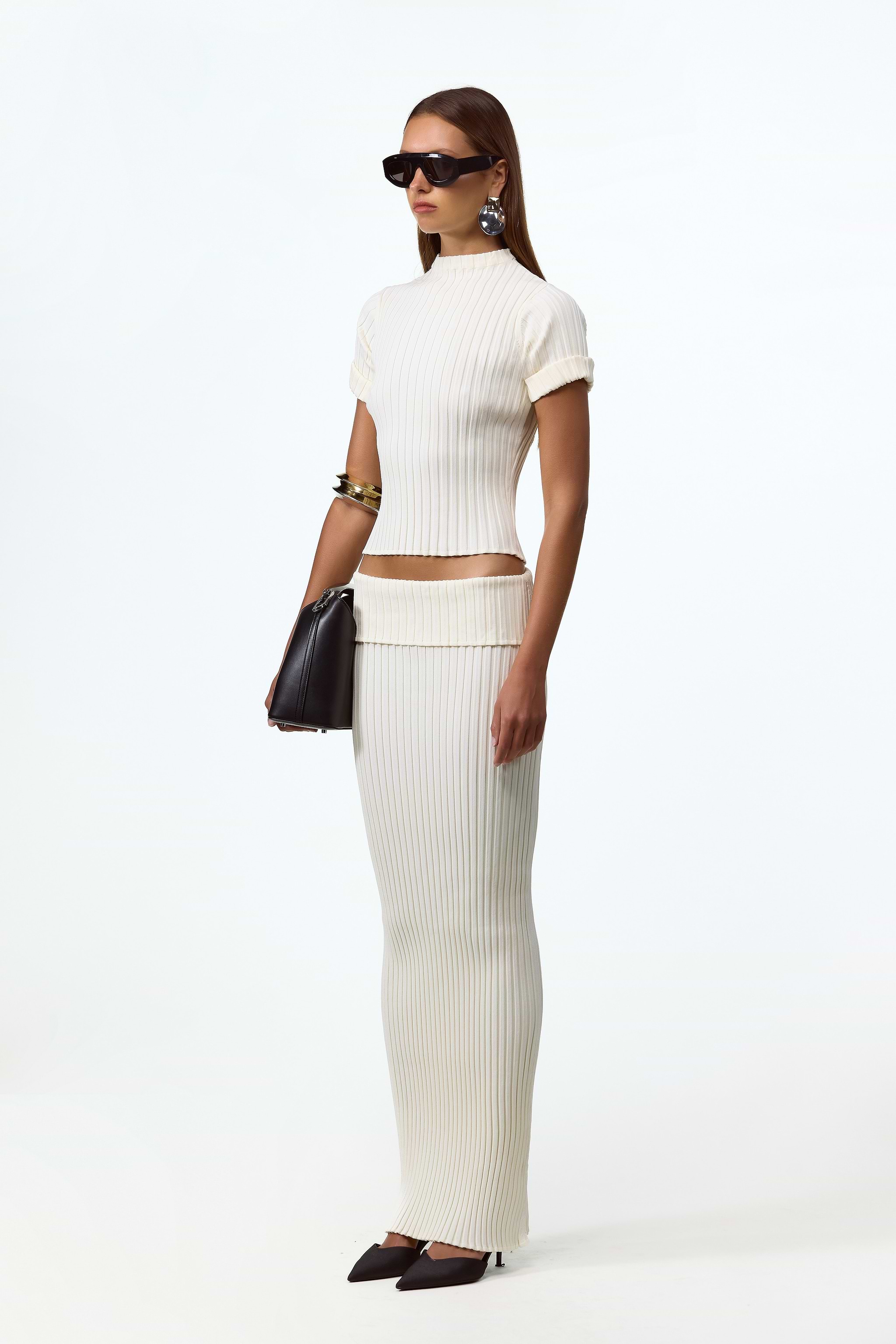 Ribbed Knit Maxi Skirt (Cream)