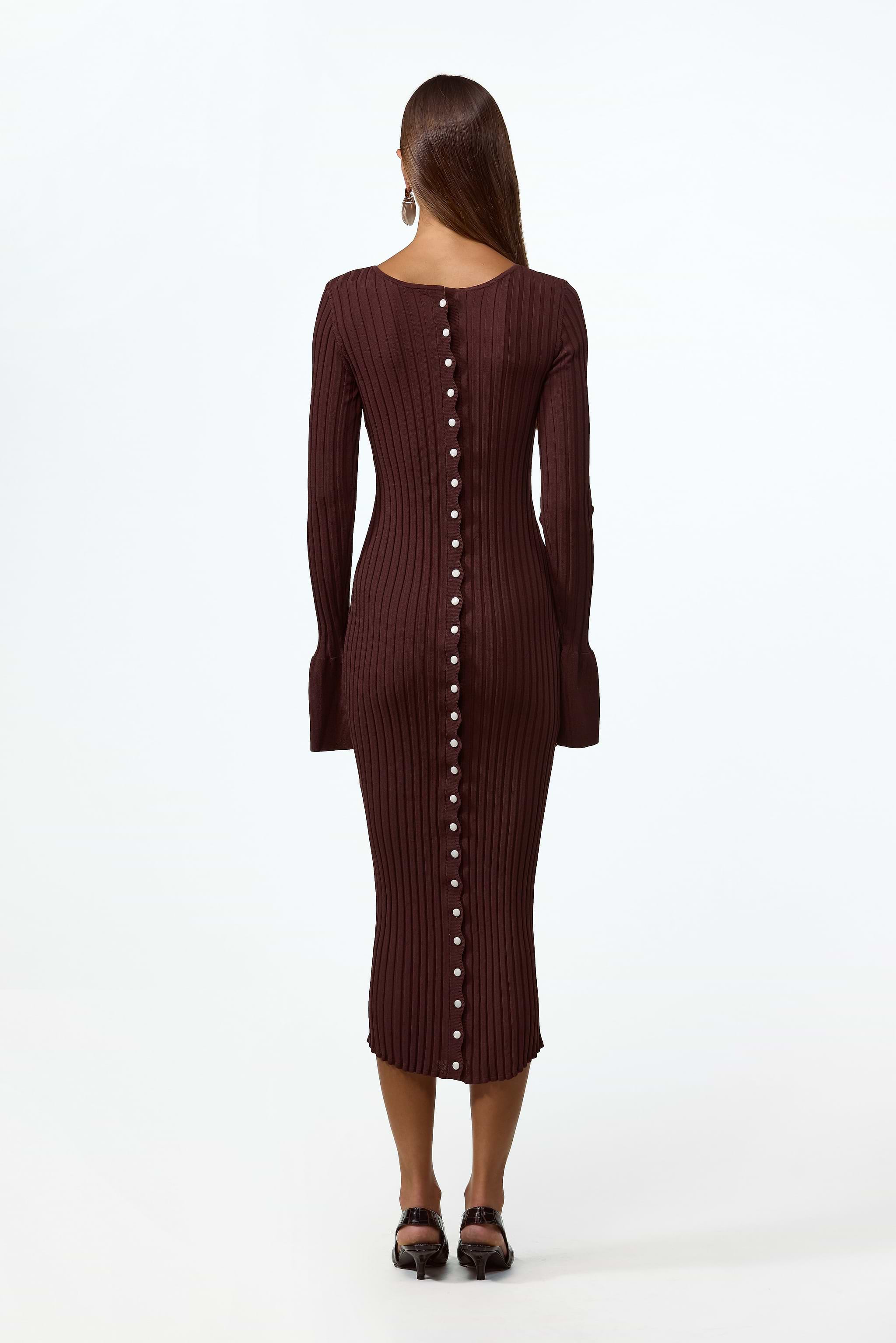 Cuffed Ribbed Knit Dress (Chocolate Brown)