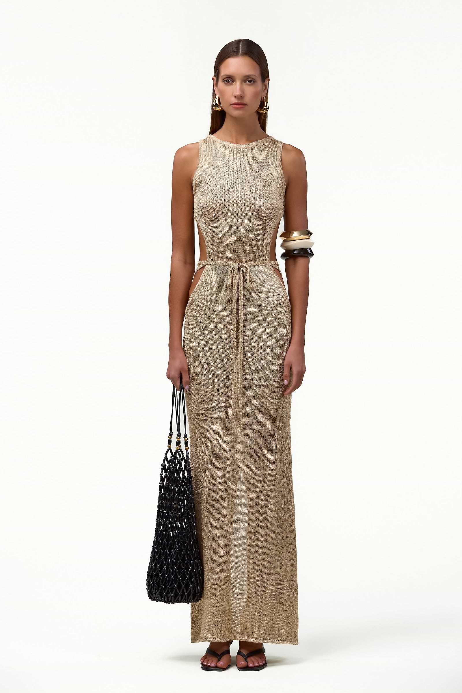 Tie Maxi Dress (Light Gold Sequin)