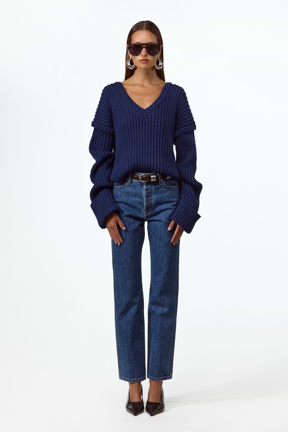 Oversized V Neck Sweater (Navy)