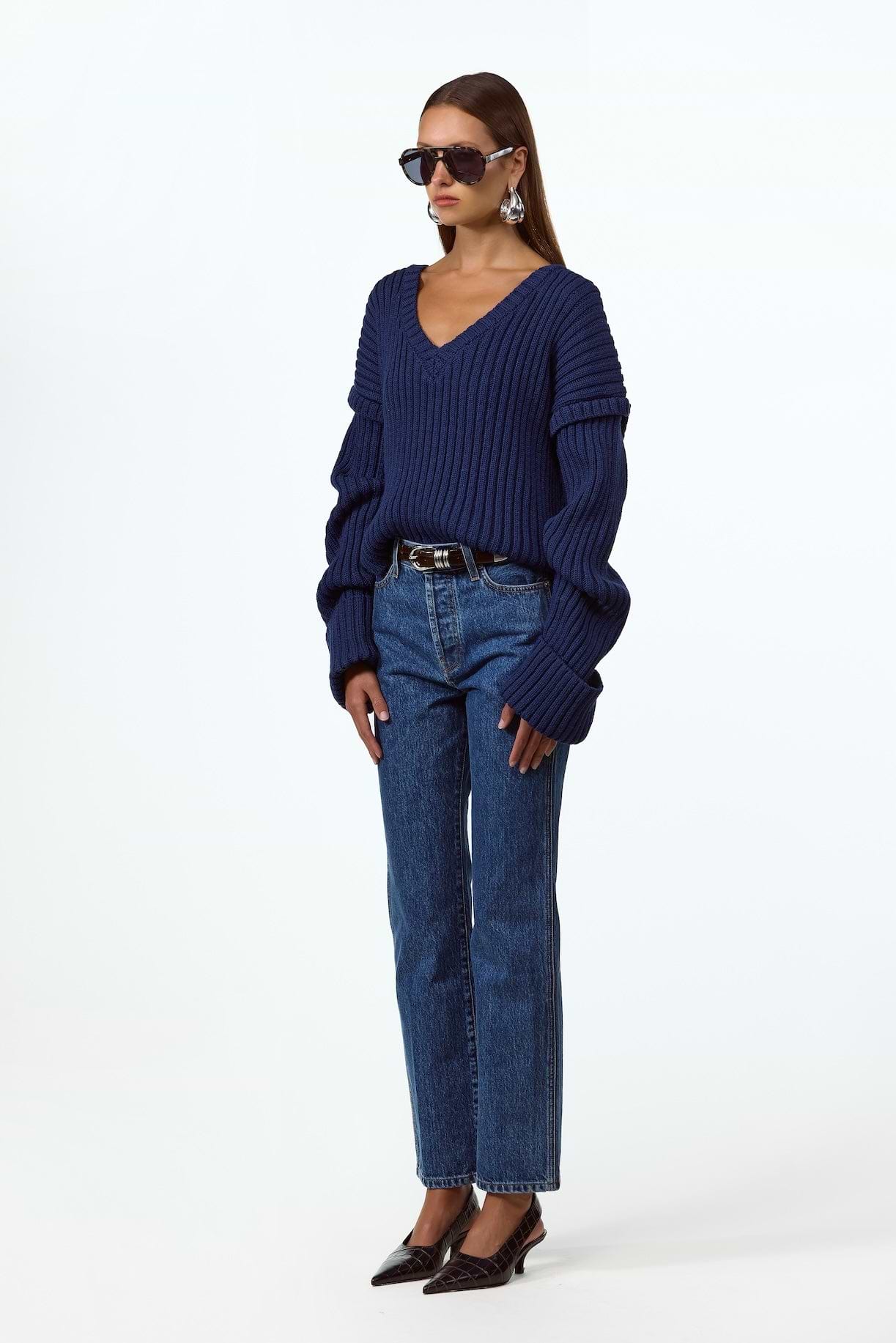 Oversized V Neck Sweater (Navy)