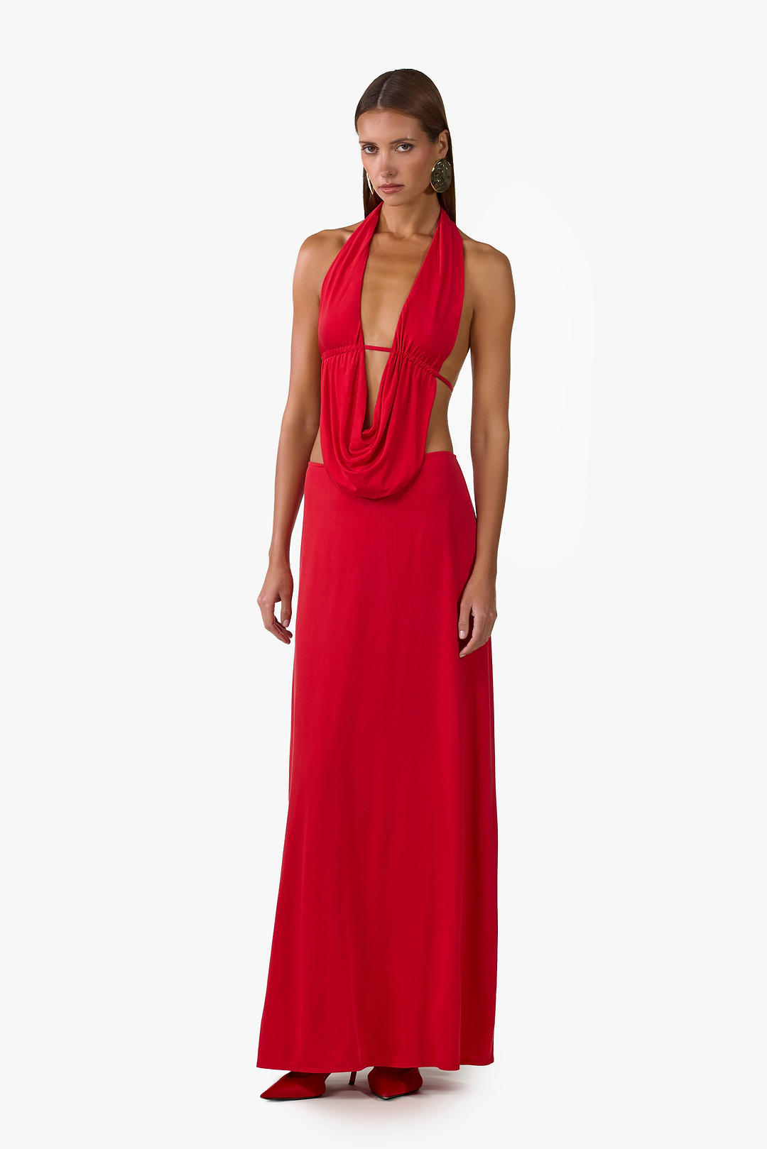 Plunge Neck Maxi Dress (Red)