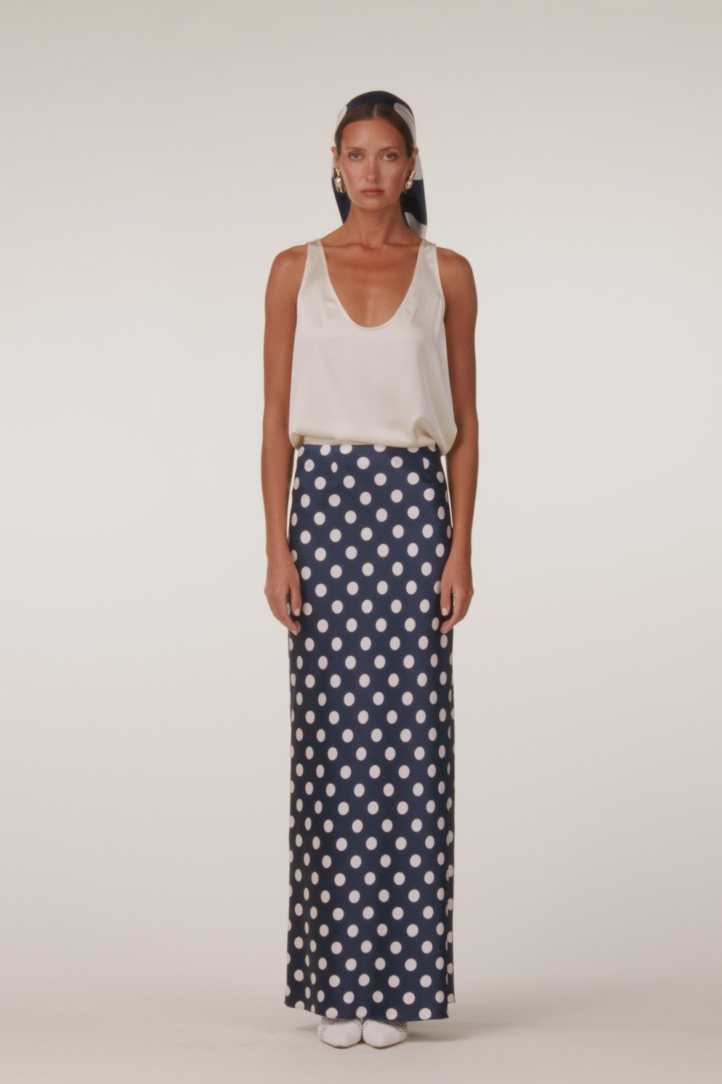 SAME Silk Maxi Skirt | Navy Polka Dot | Women's Skirt