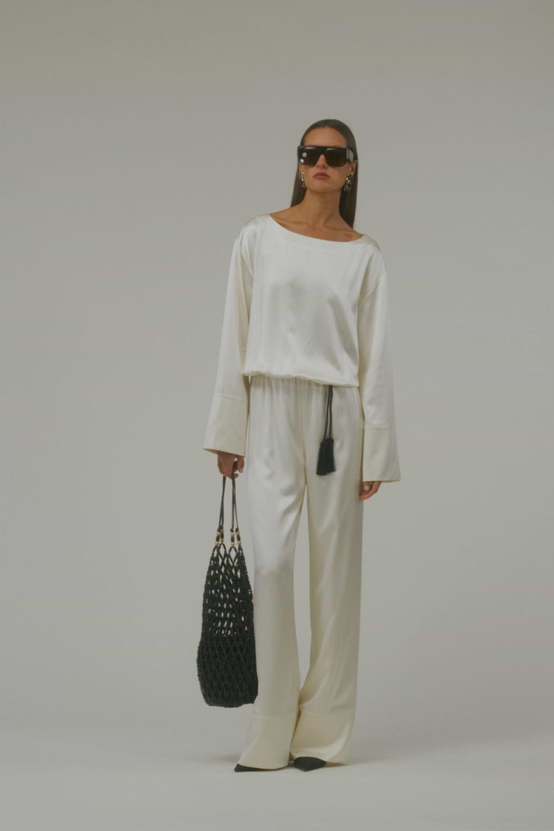 Long Sleeve Silk Jumpsuit (Cream)