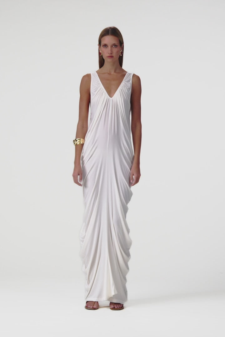 Draped V Neck Gown (Cream)