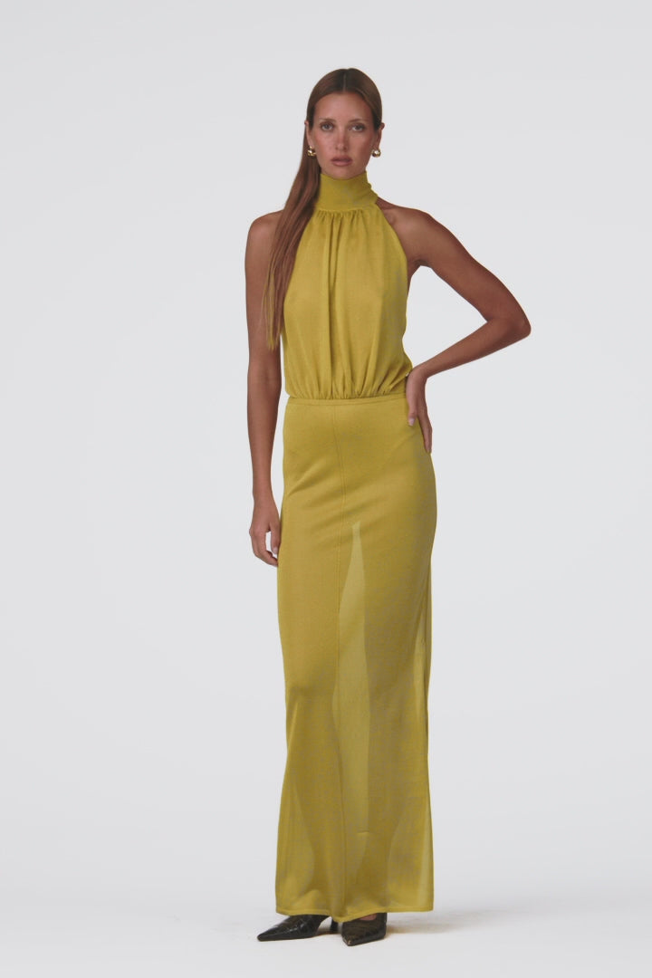 Ruched Knit Maxi Skirt (Chartreuse Shimmer)
