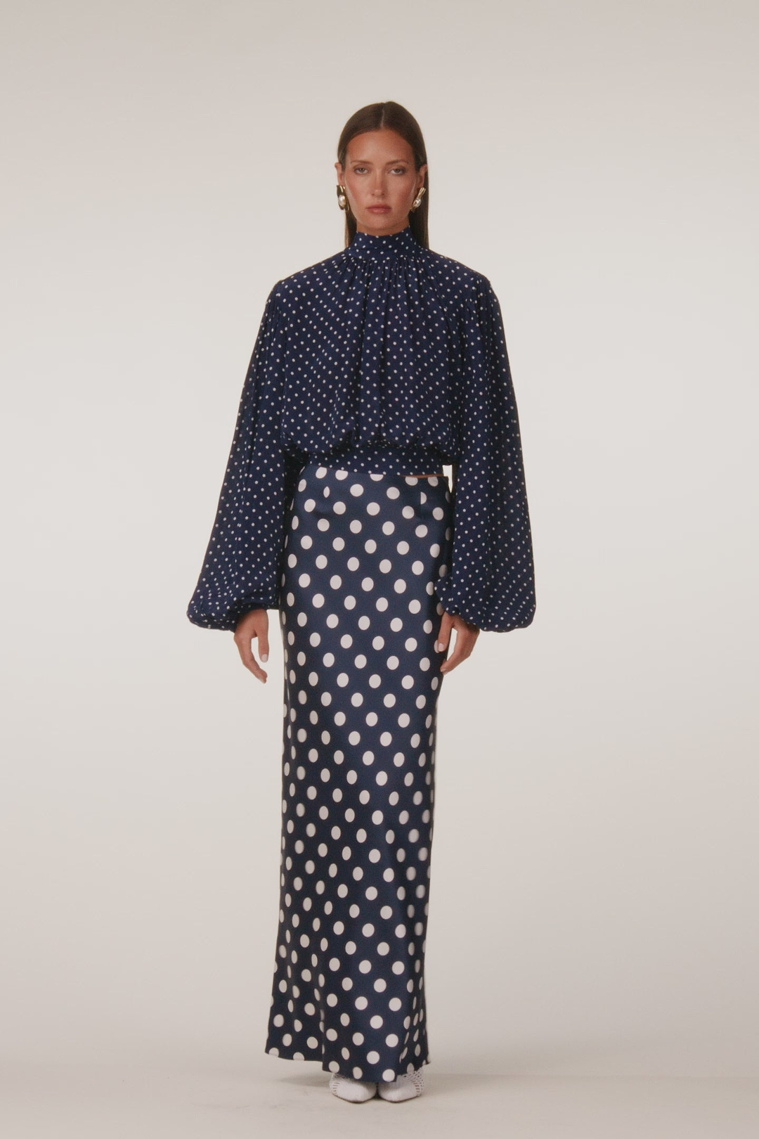 Draped Sleeve Chiffon Top (Navy White Polka Dot)